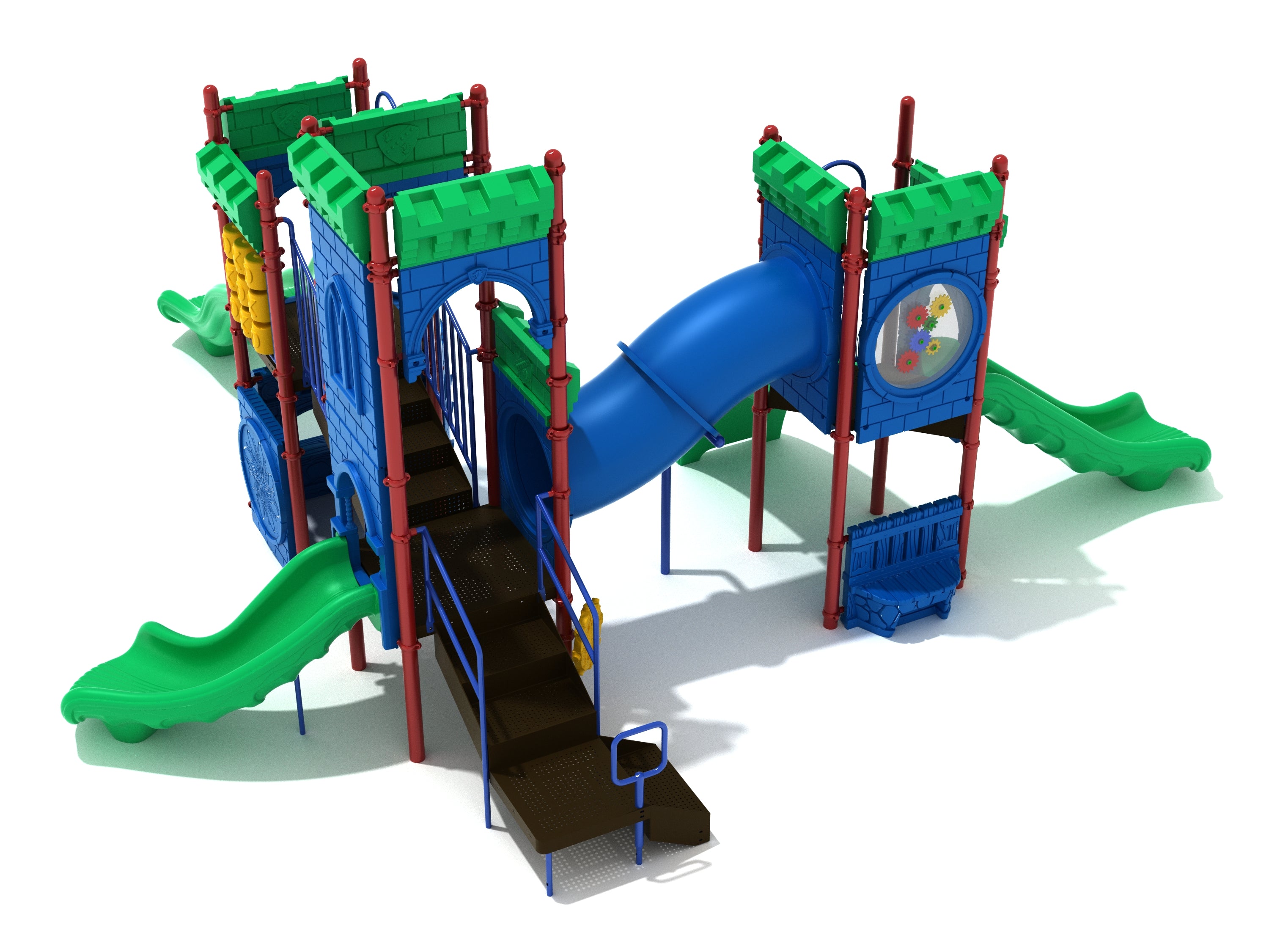 Castle-themed playground with green slides, blue tube slide, climbing stairs, and interactive activity panels