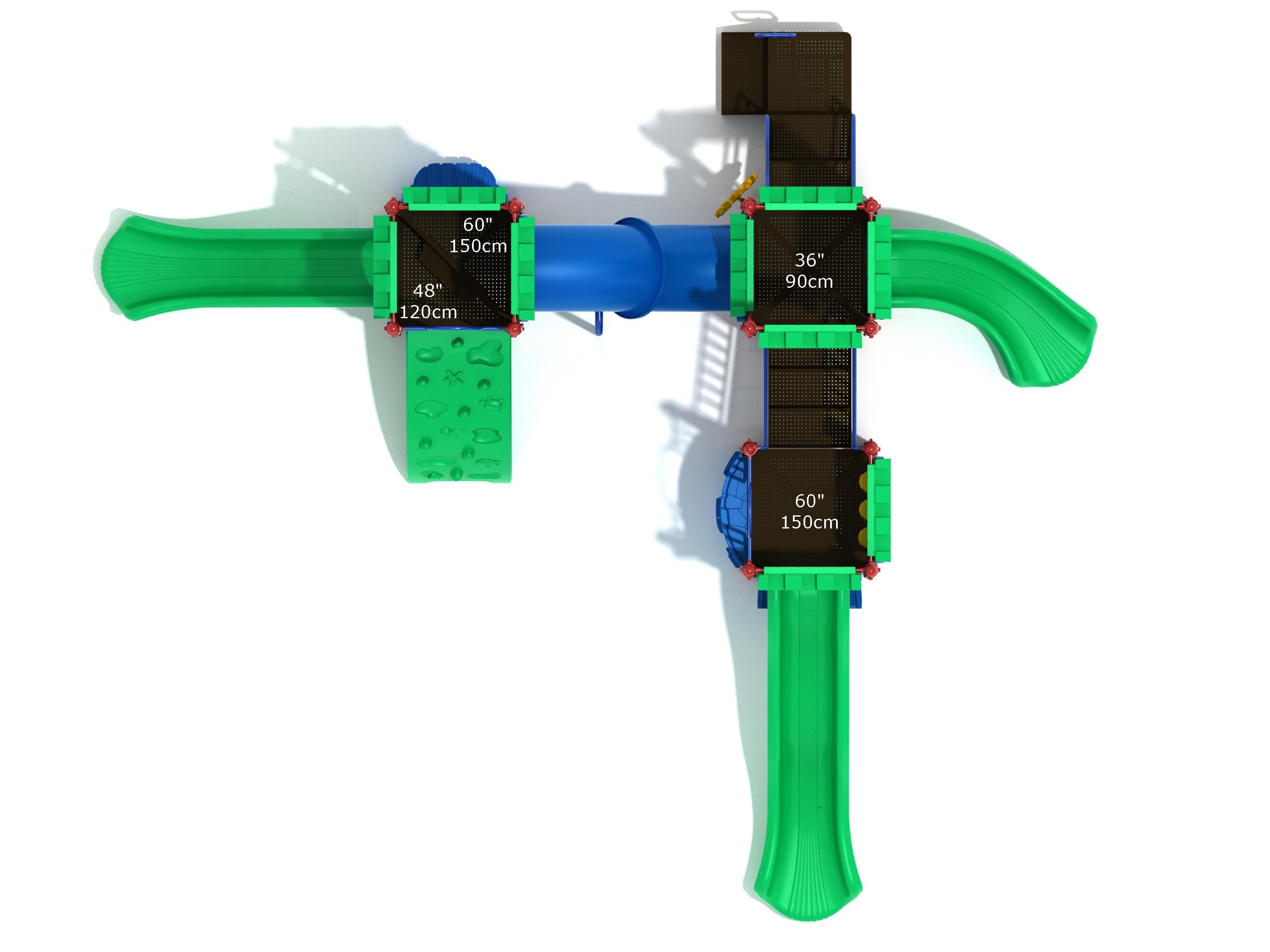 Overhead view of colorful playground with green slides, blue crawl tube, climbing wall, and interactive activity panels