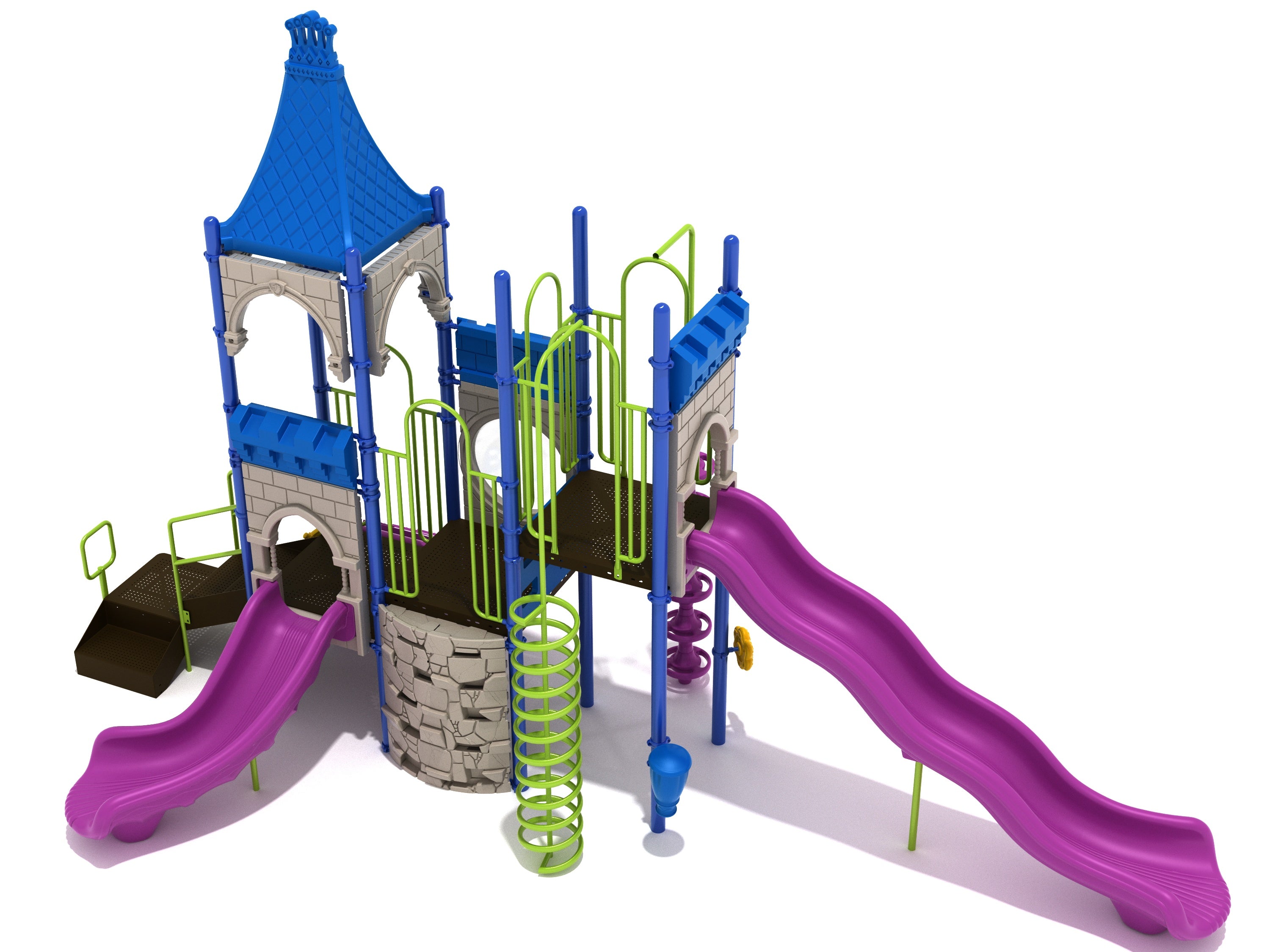 Midsummer Melody Playground with castle-themed structure, blue roof, green climbing elements, and two purple slides