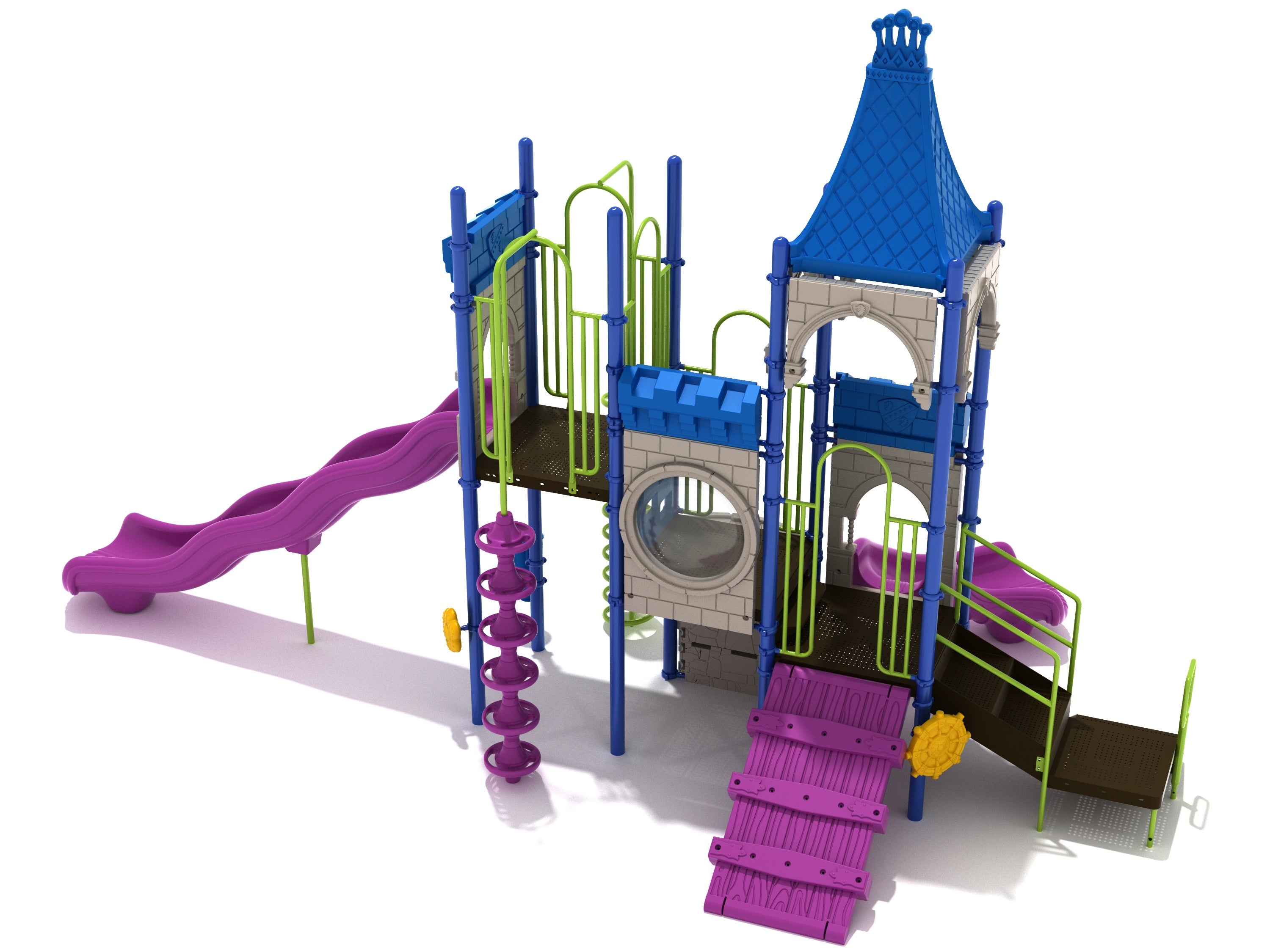 Colorful castle-themed playground with slides, climbers, interactive panels, and multi-level decks in blue, purple, and green.
