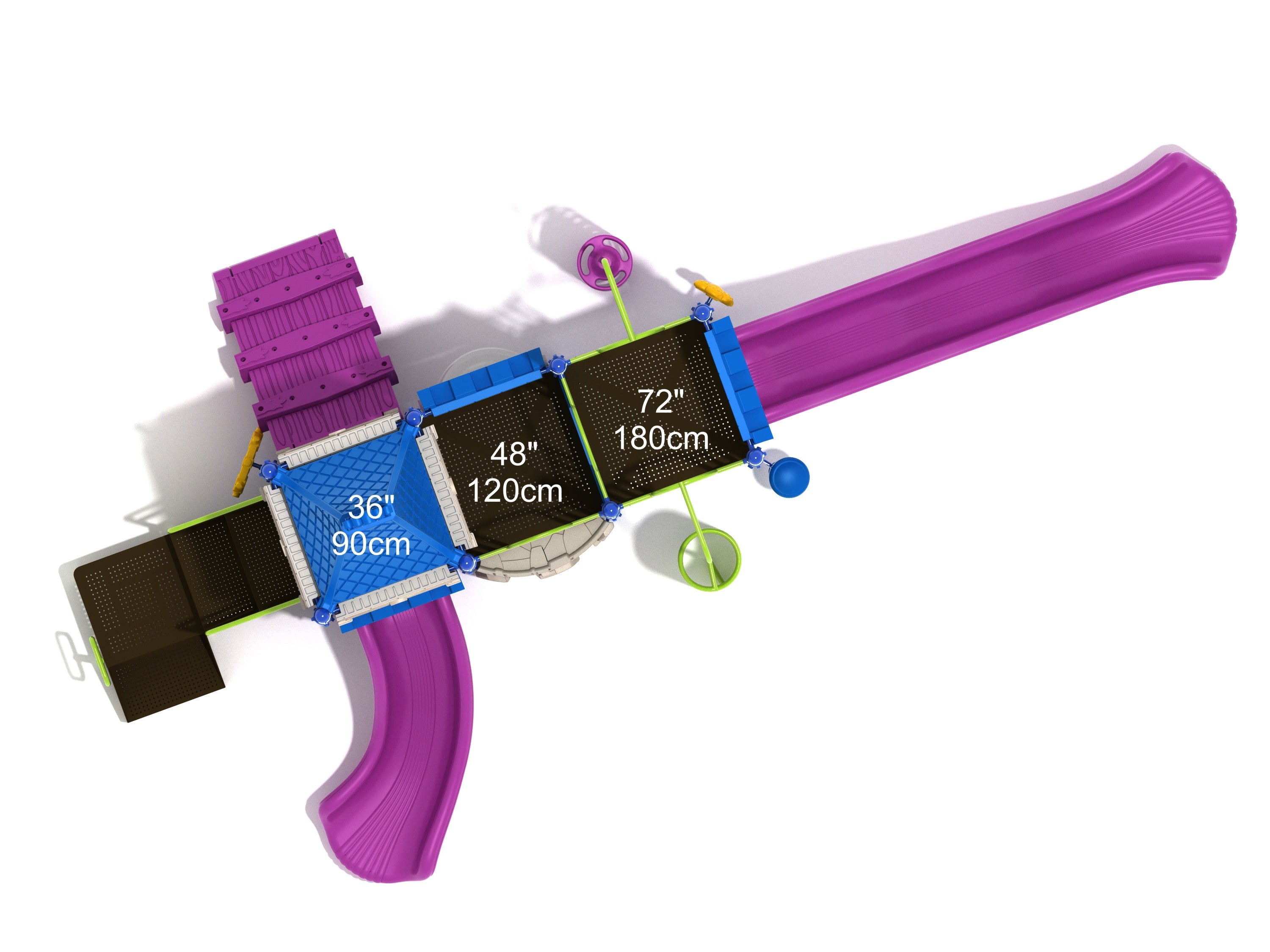 Overhead view of colorful playground with purple slides, blue platforms, green activity panels, and multi-level decks