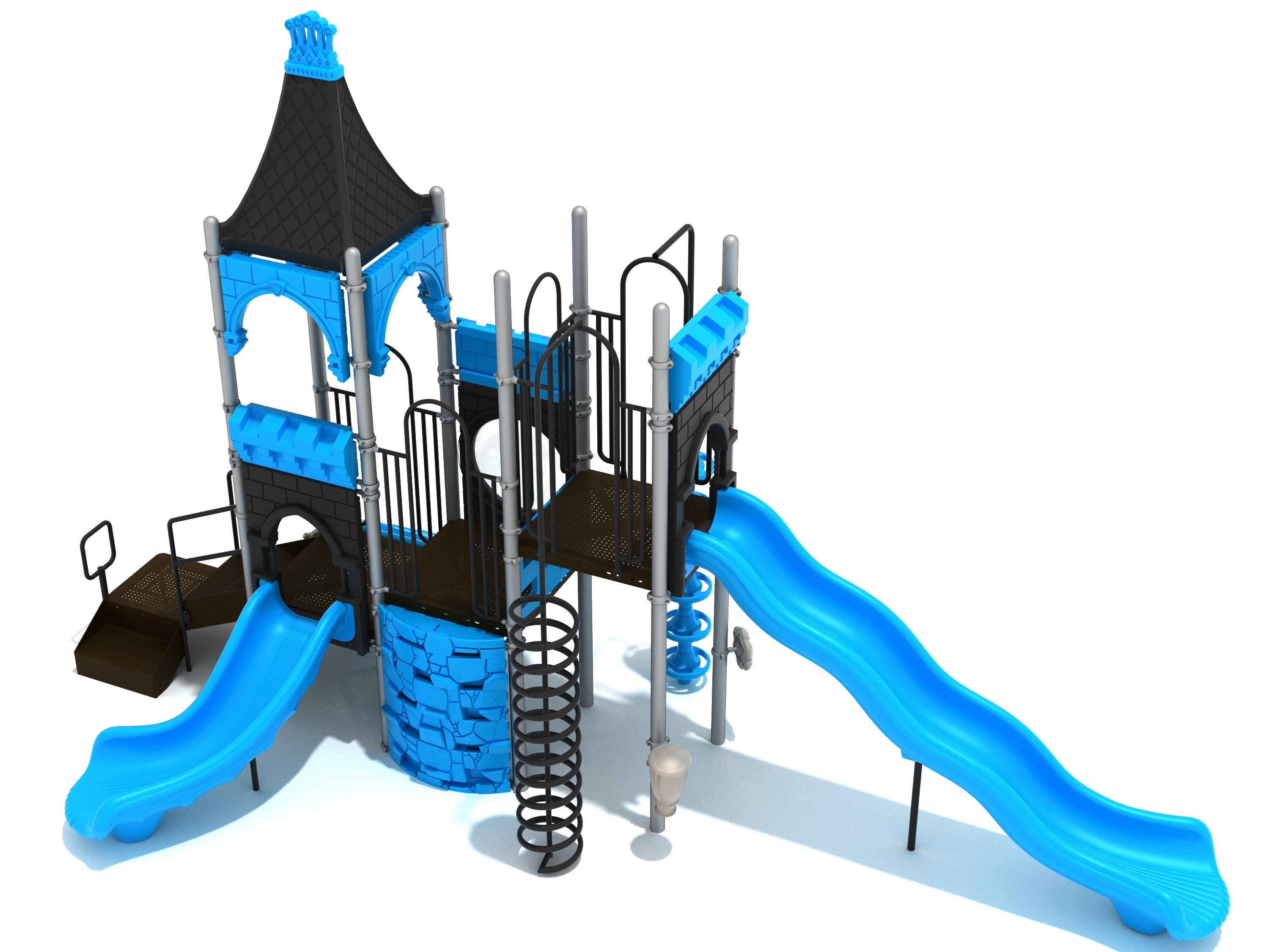 Castle-themed playground with blue slides, climbing walls, spiral climber, elevated platforms, and interactive play panels