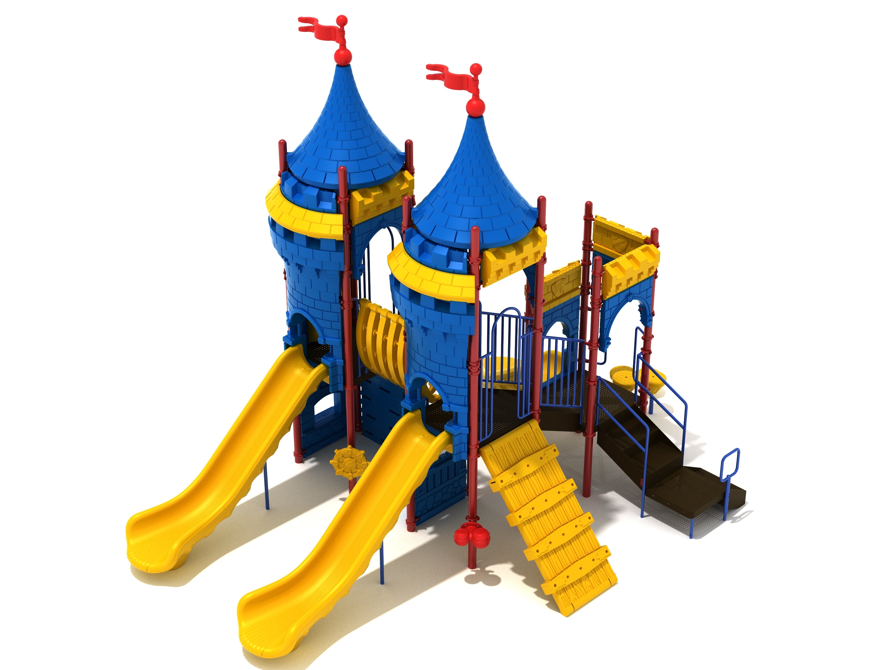 Paddock Point Playground with castle-themed blue towers, yellow slides, climbers, and interactive play panels for imaginative outdoor play