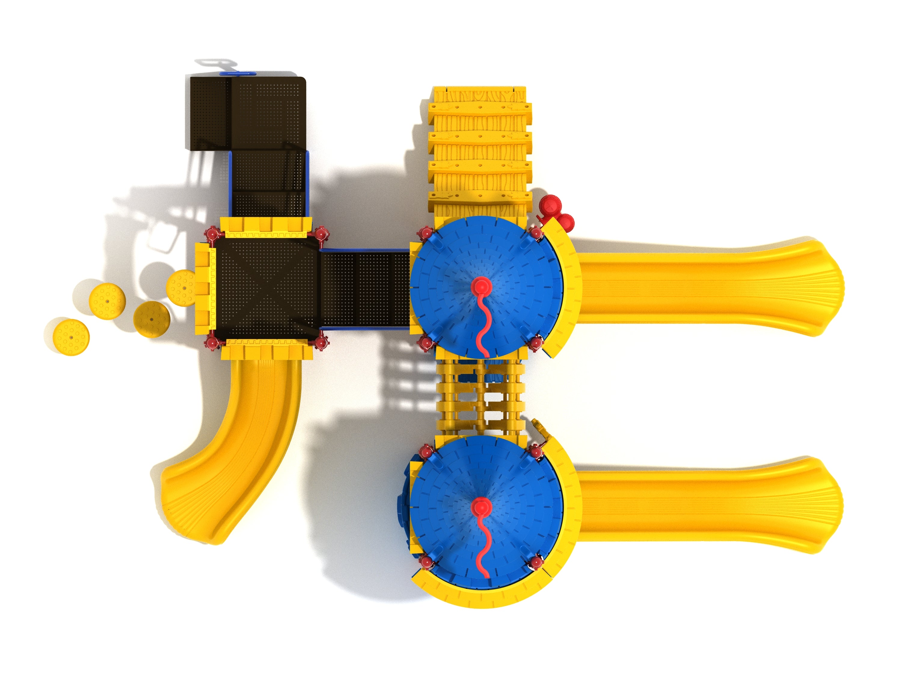 Overhead view of a colorful castle-themed playground with two blue towers, yellow slides, climbing walls, and interactive play panels