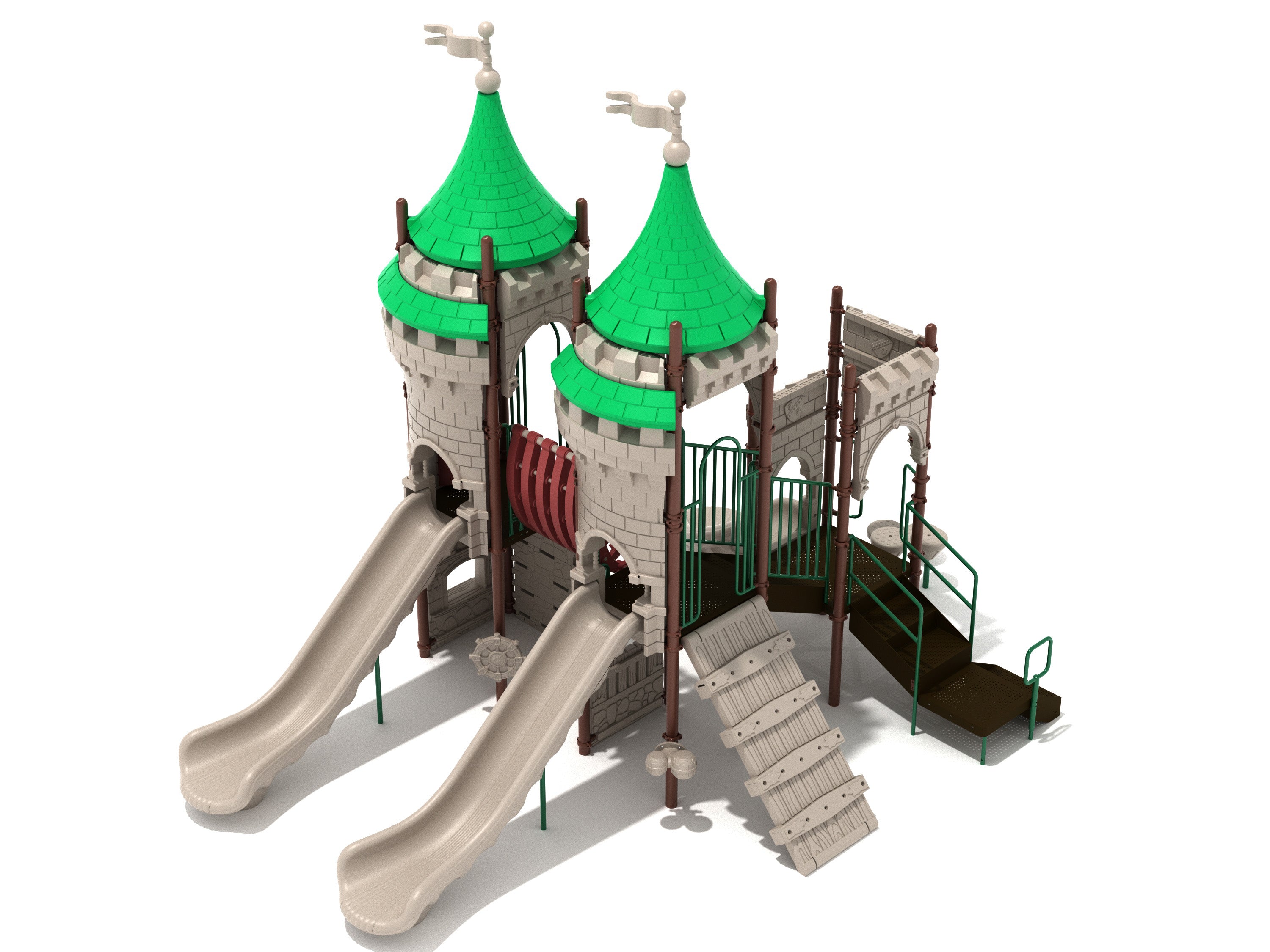 Castle-themed playground with two green-roofed towers, dual slides, climbing wall, and accessible ramp
