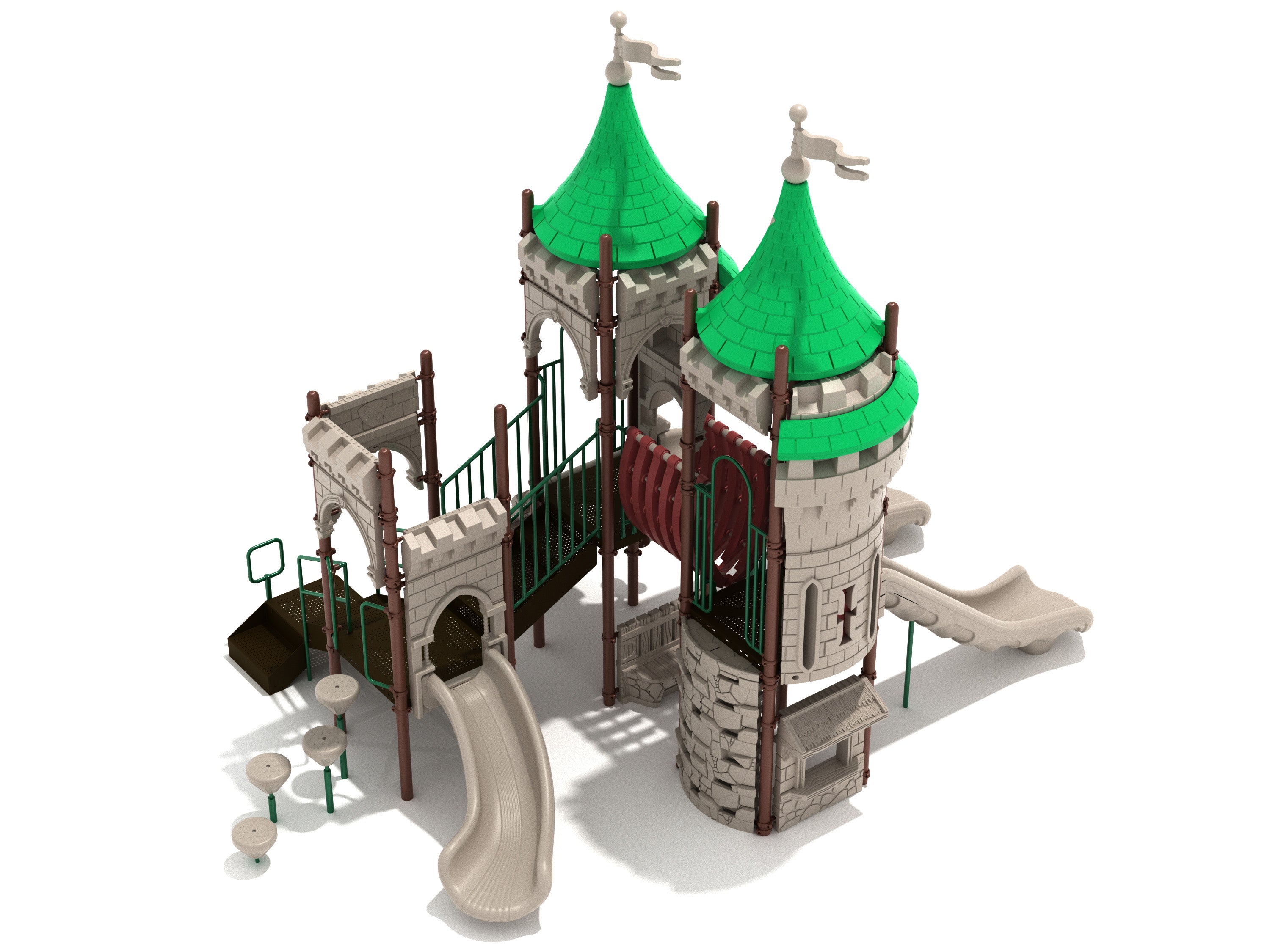 Castle-themed playground with two green-roofed towers, slides, bridge, climbing steps, and interactive panels