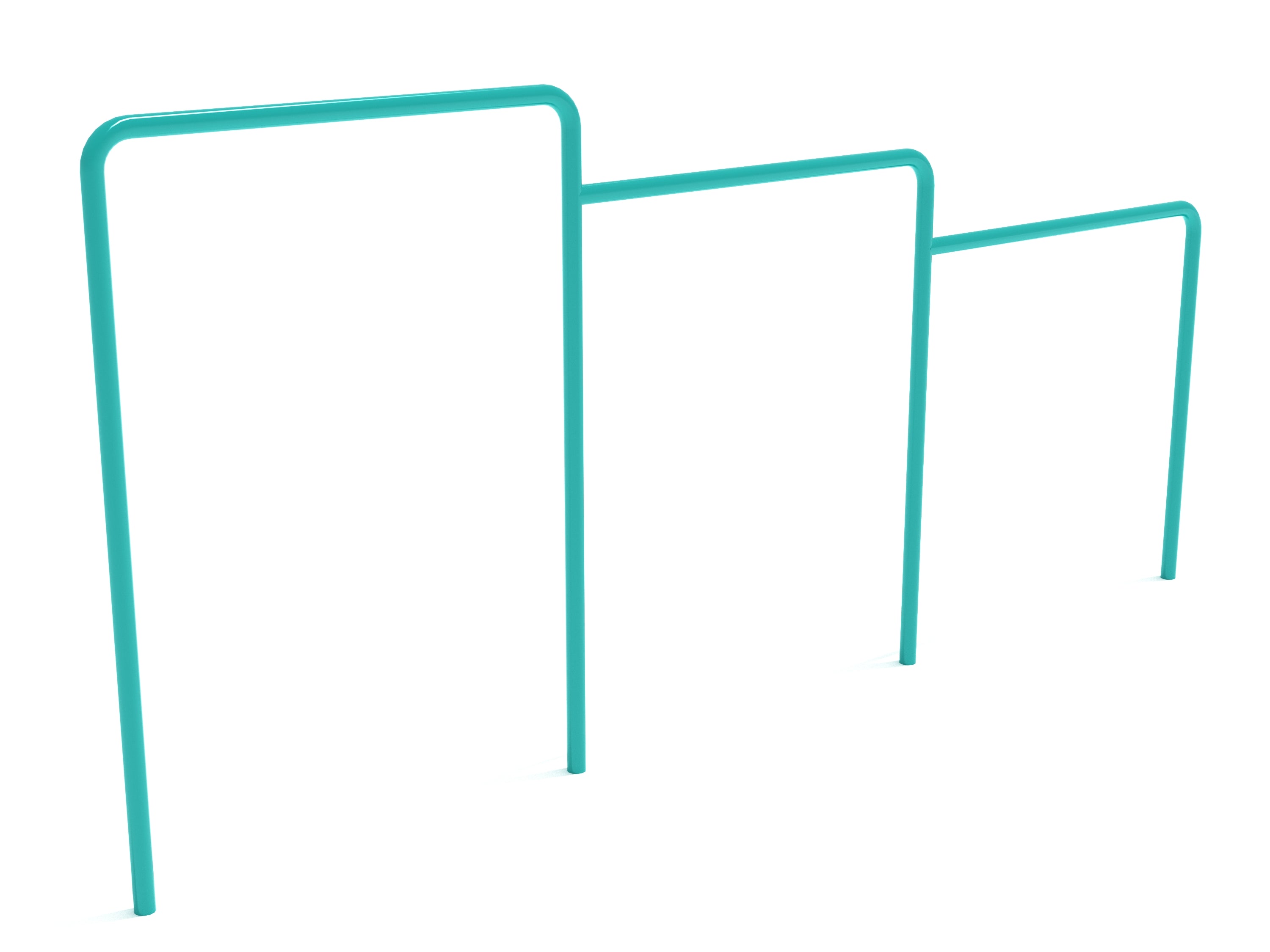 Three turquoise uneven agility bars arranged in a row for playground fitness and upper body strength development