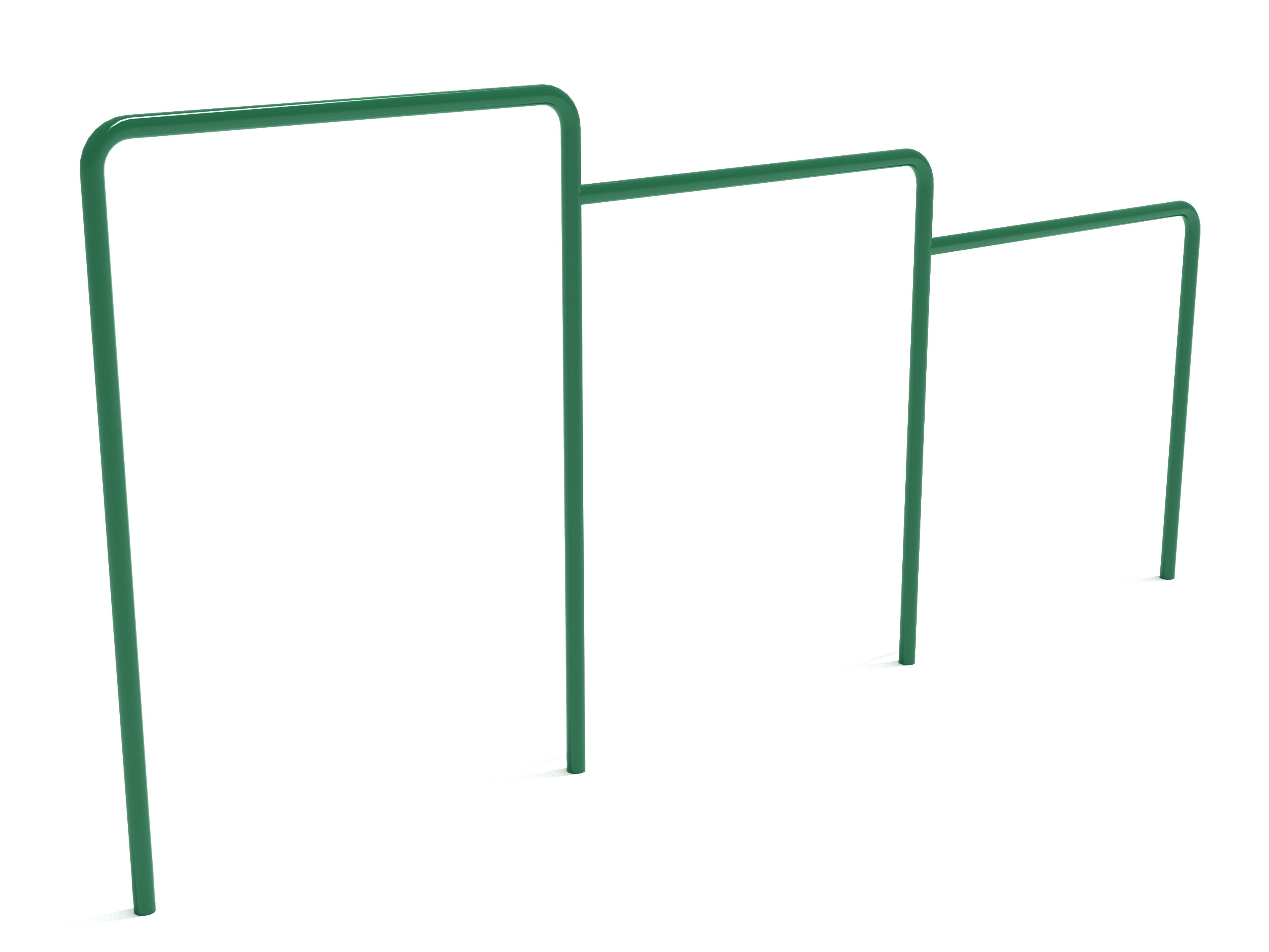 Three green uneven horizontal agility bars arranged in descending height for playground fitness and strength training
