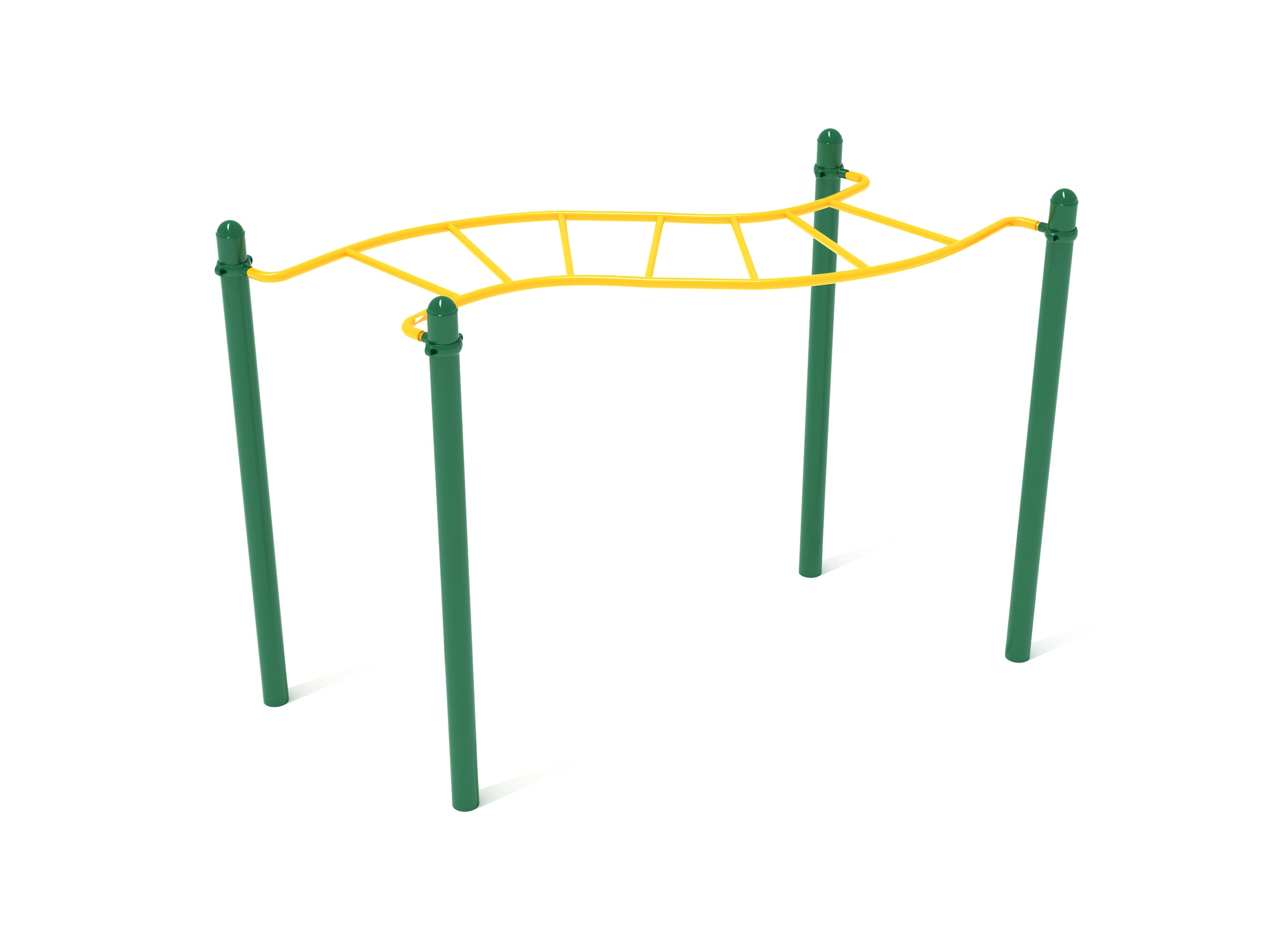 Green metal posts supporting a yellow wavy overhead climbing ladder for playground fitness and coordination development