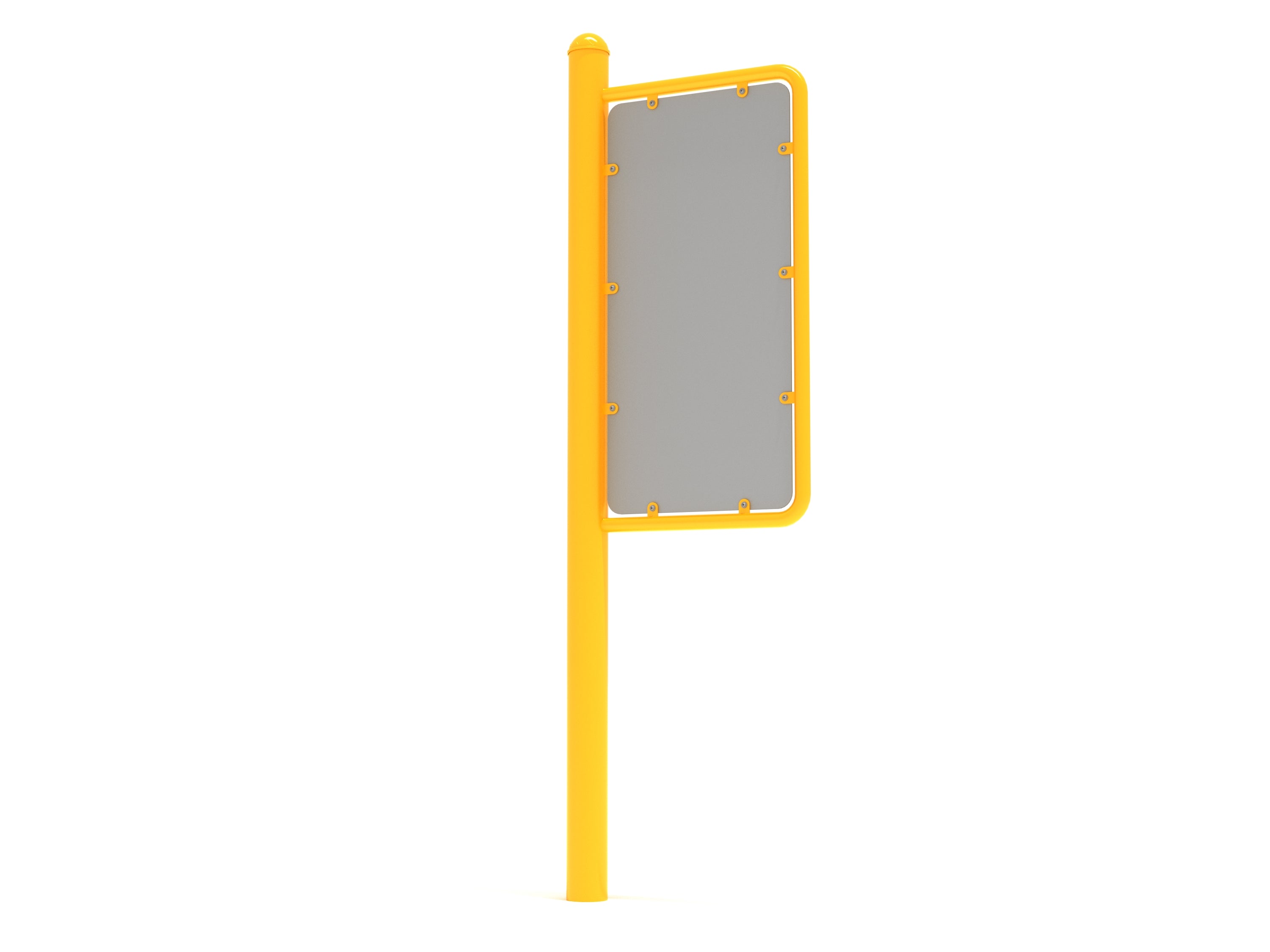 Outdoor fitness station sign with yellow steel post and blank gray instructional panel for outdoor gym guidance