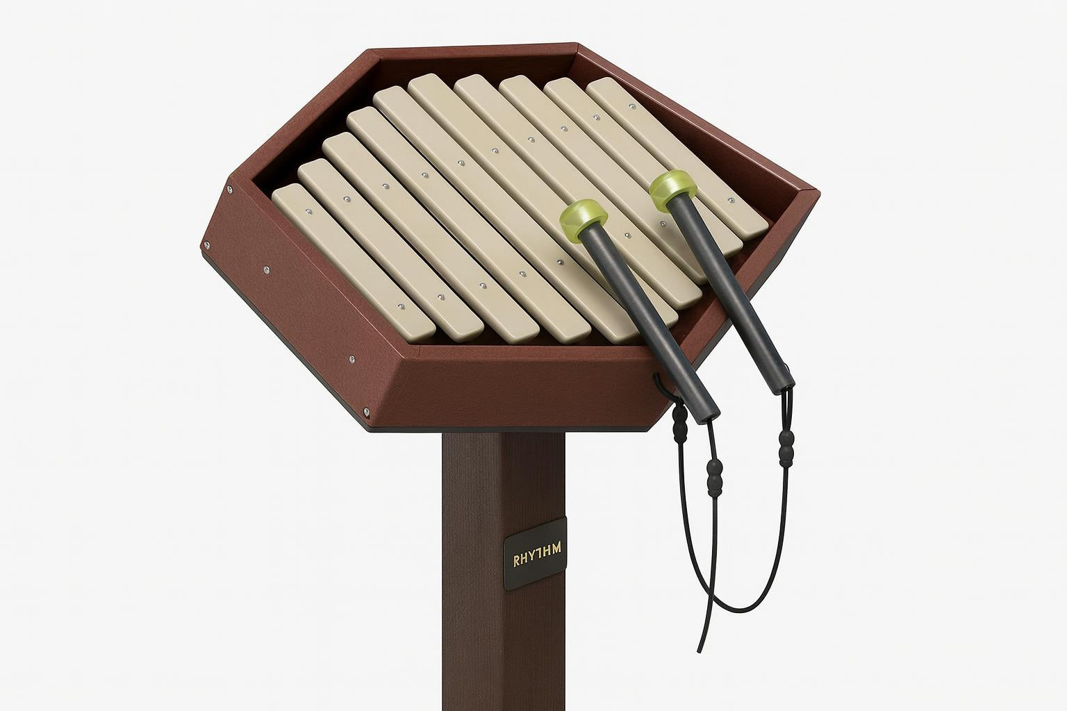 Rhythm Outdoor Musical Park Instrument with cherry wood frame, beige wood-like bars, and two mallets hanging on the side
