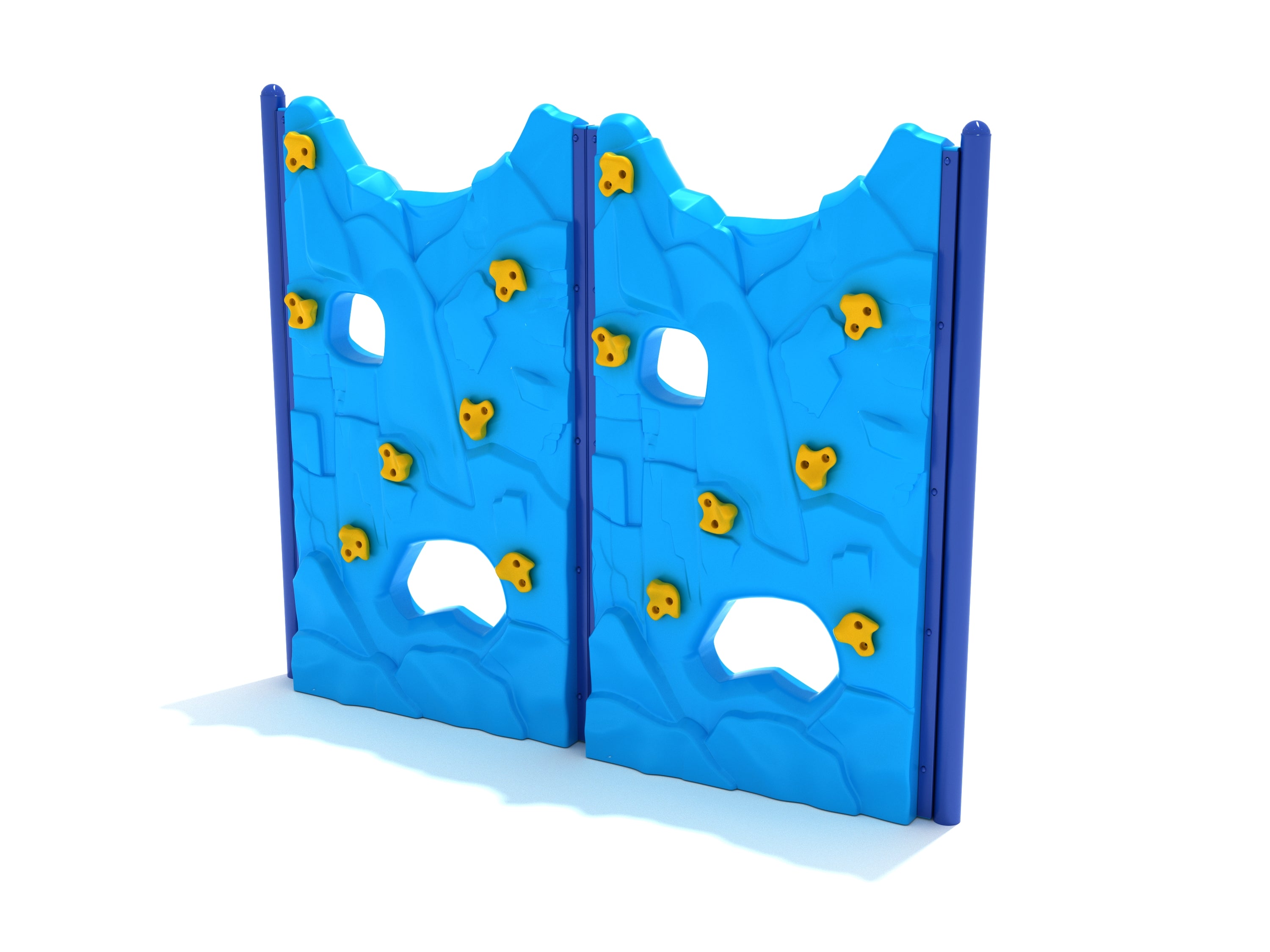 Freestanding double blue climbing wall with yellow handholds and cut-through windows for playground fitness and coordination