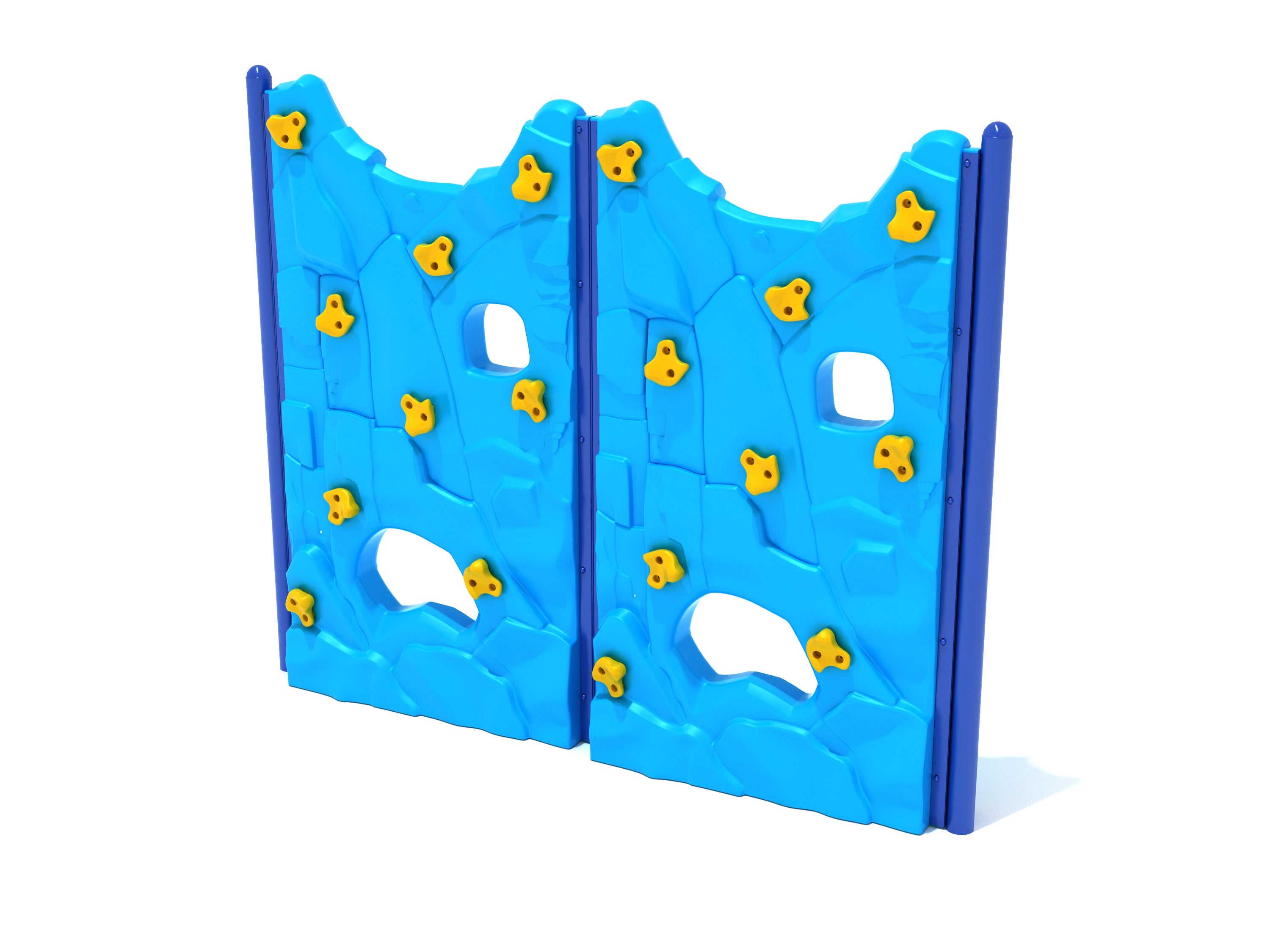Double Parallel Rock Climbing Wall with blue panels, yellow handholds, and cut-through windows for playground climbing fun