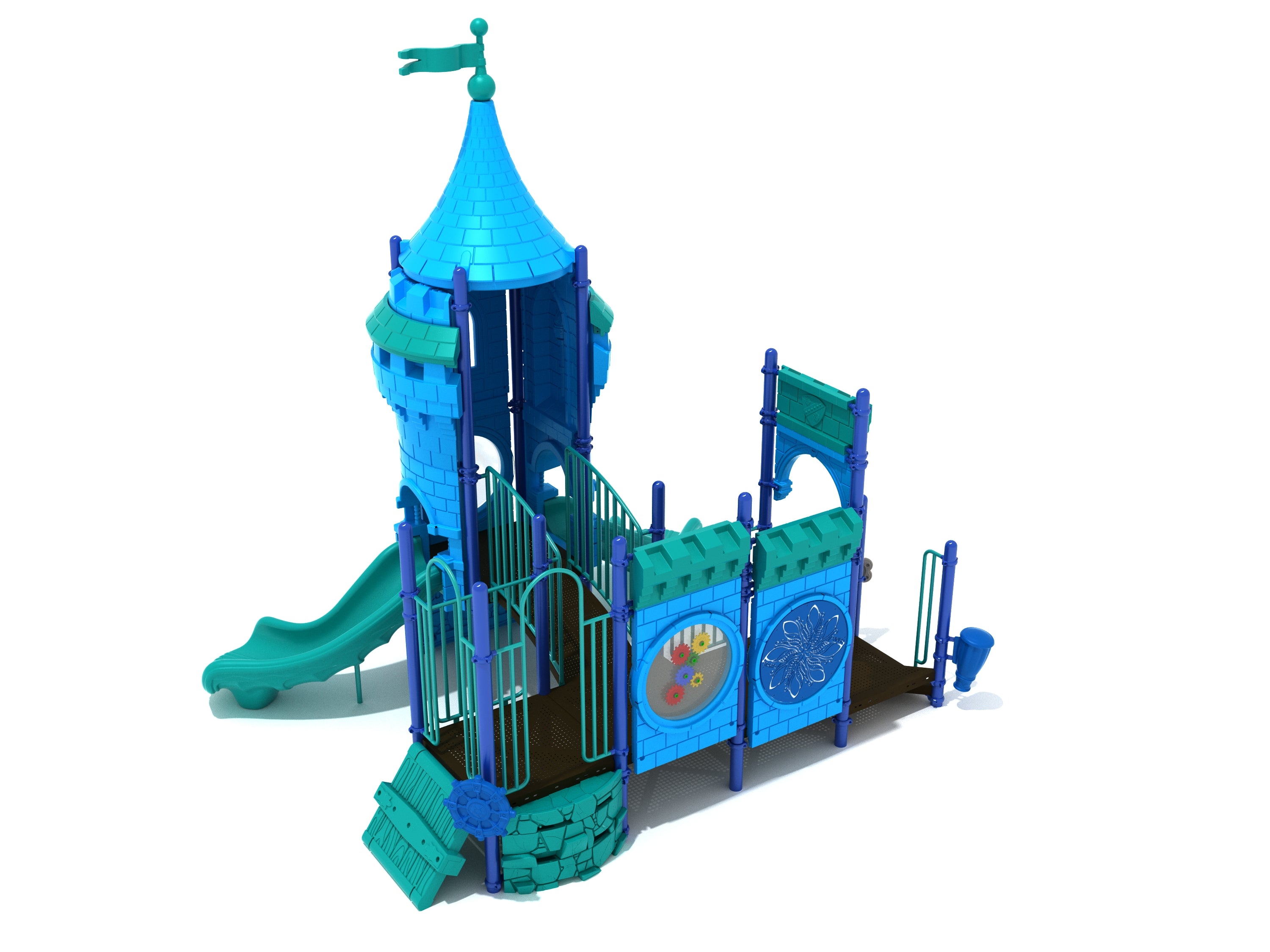 Colorful castle-themed playground with tower, flag, curving slide, drawbridge climber, rock ascent, and interactive maze and gear panels