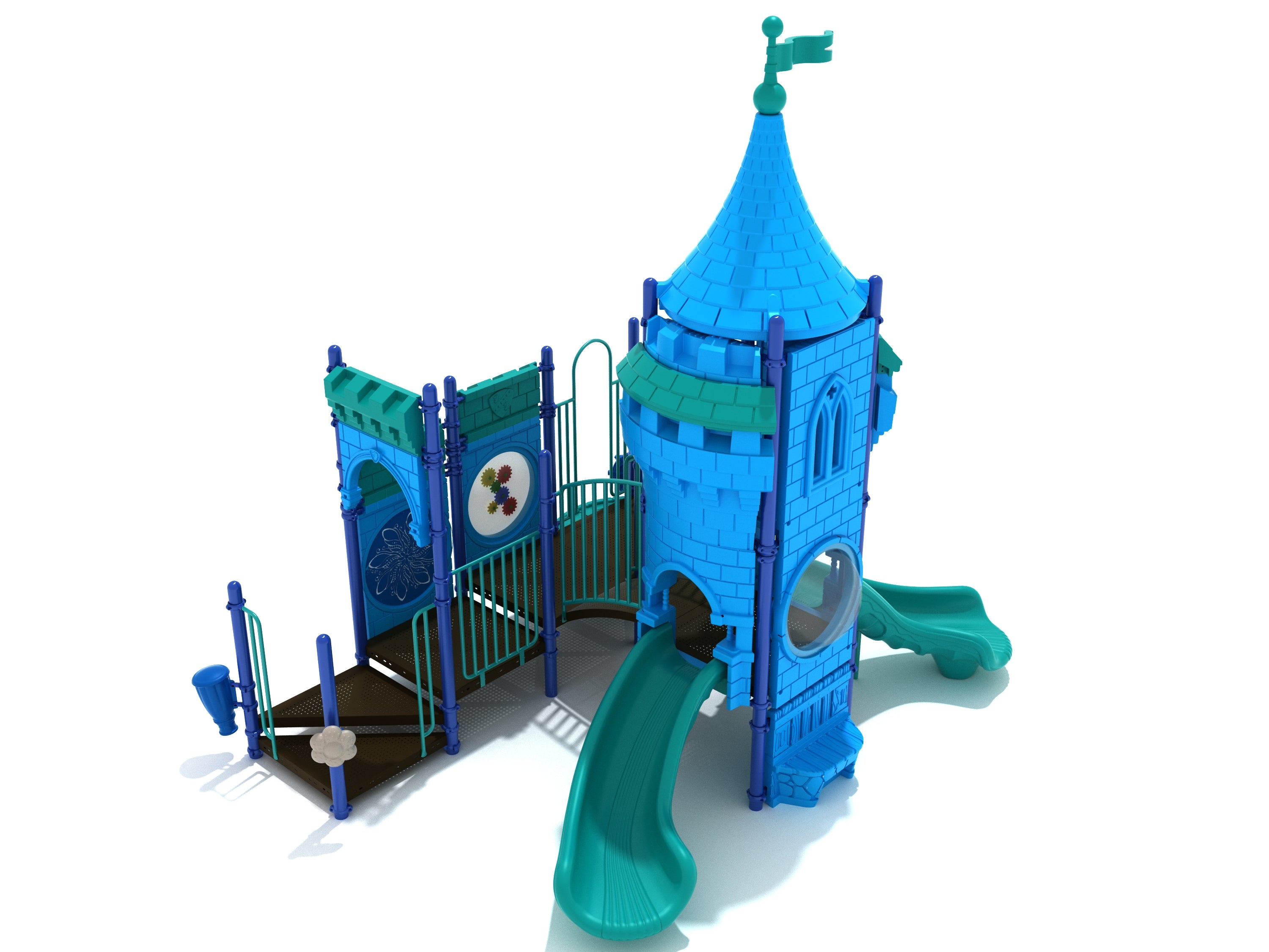 Guarded Gatehouse Playground with blue castle tower, flag, slides, climber, and interactive panels for imaginative play