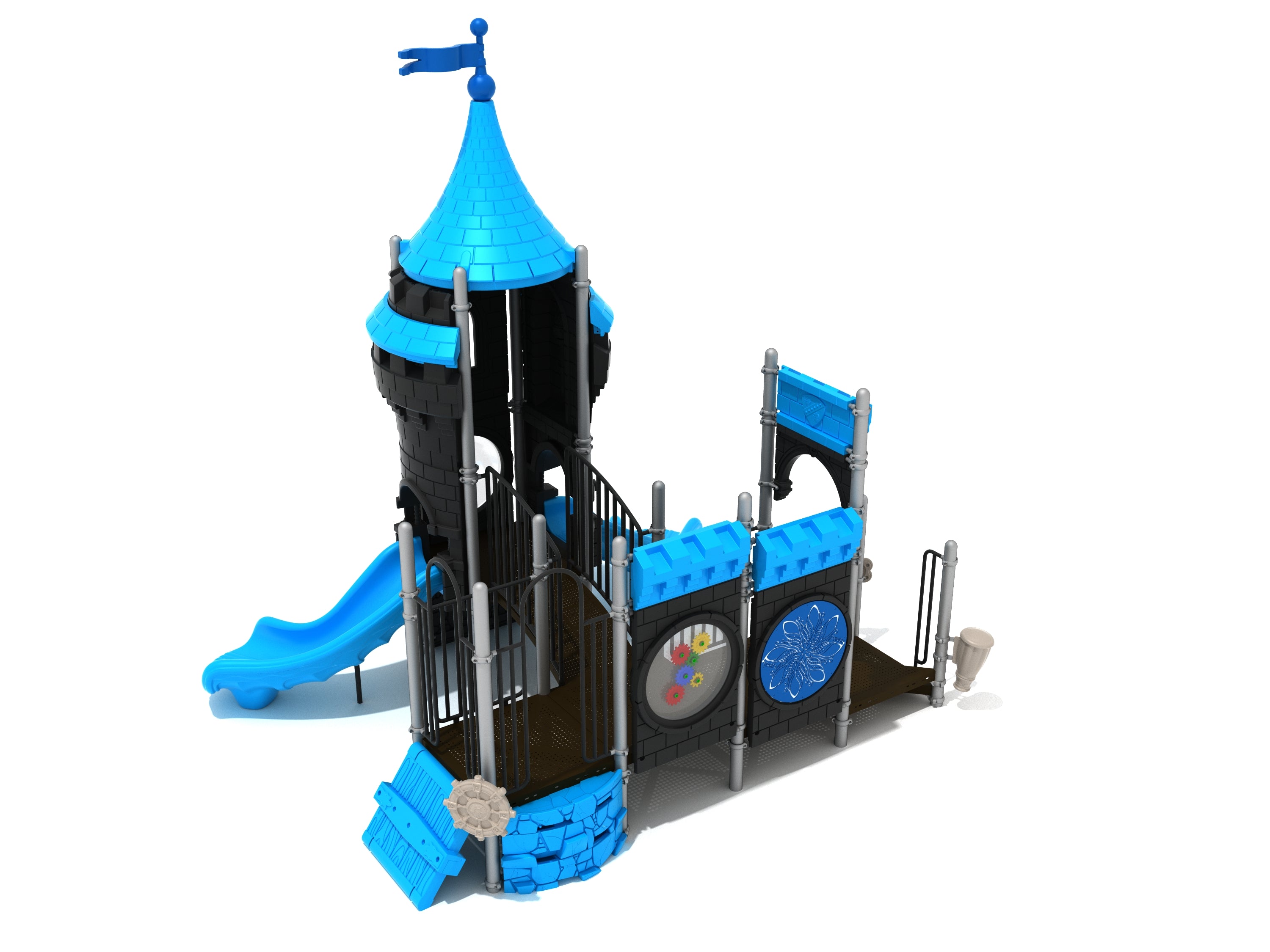 Castle-themed playground with tall tower, flag, blue slides, interactive gear panels, and drawbridge-style climber