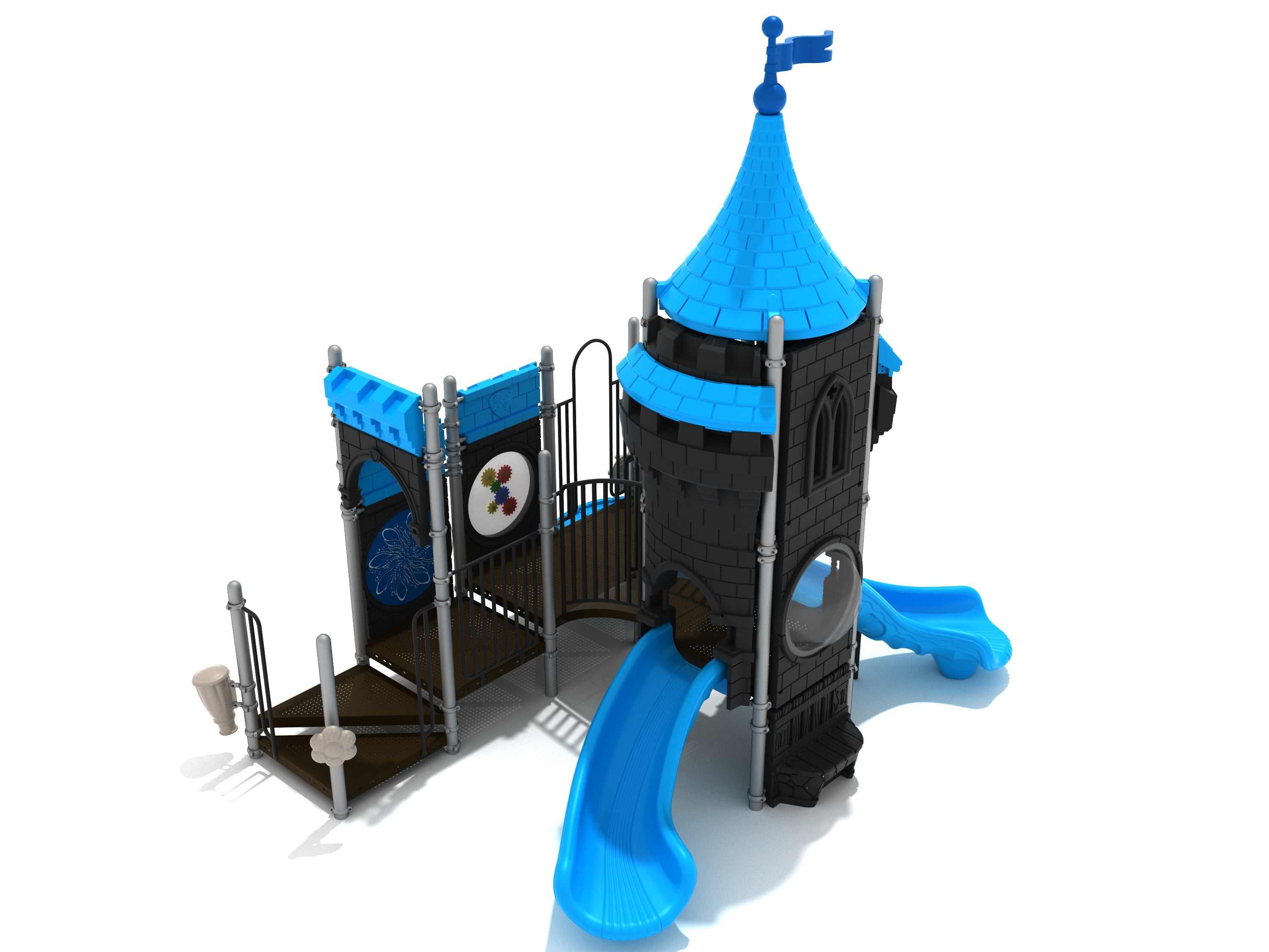 Castle-themed playground with tall tower, blue slides, climbing rock wall, interactive panels, and drawbridge-style climber