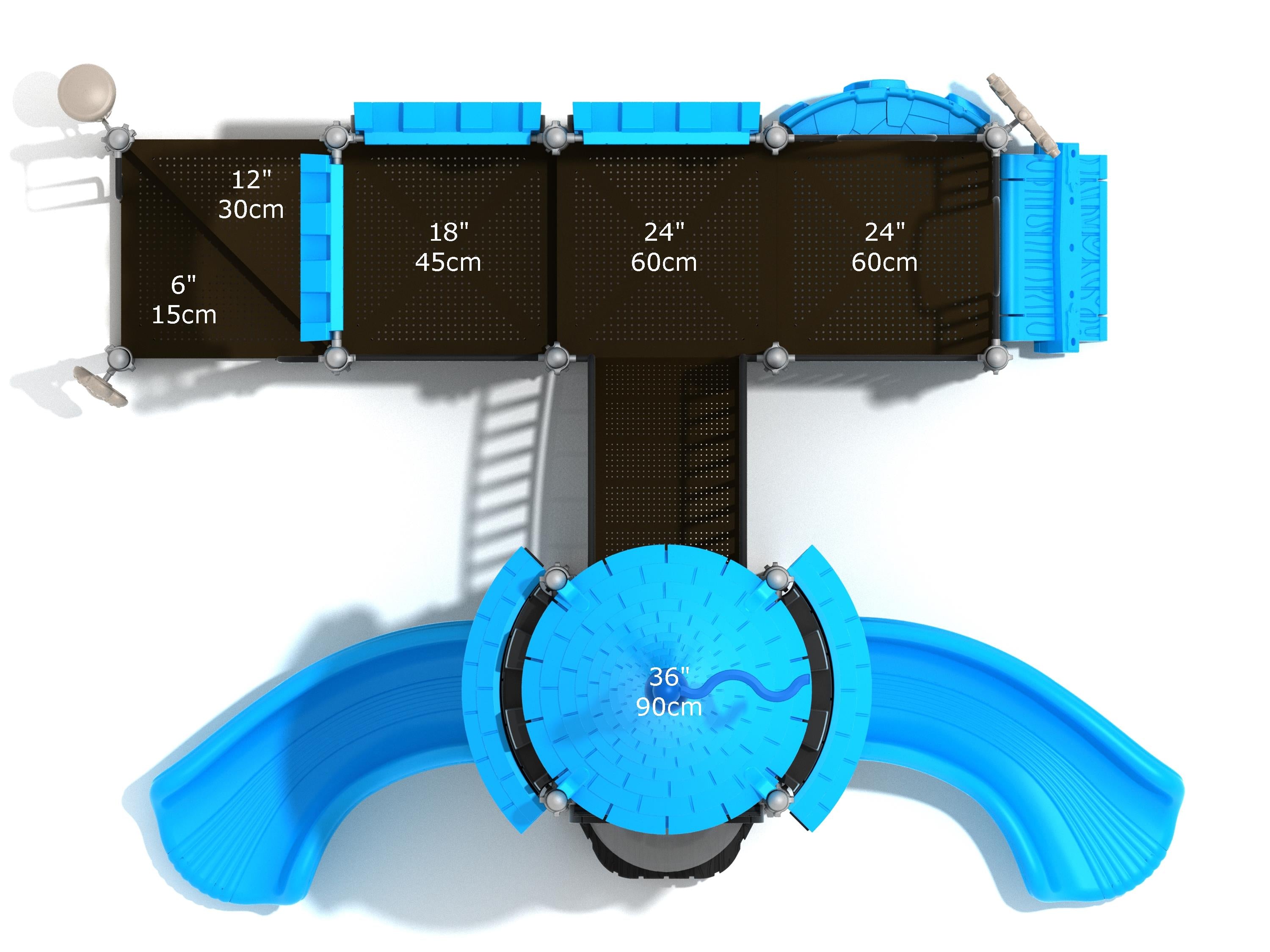 Overhead view of a blue and black castle-themed playground featuring slides, climbers, and interactive play panels