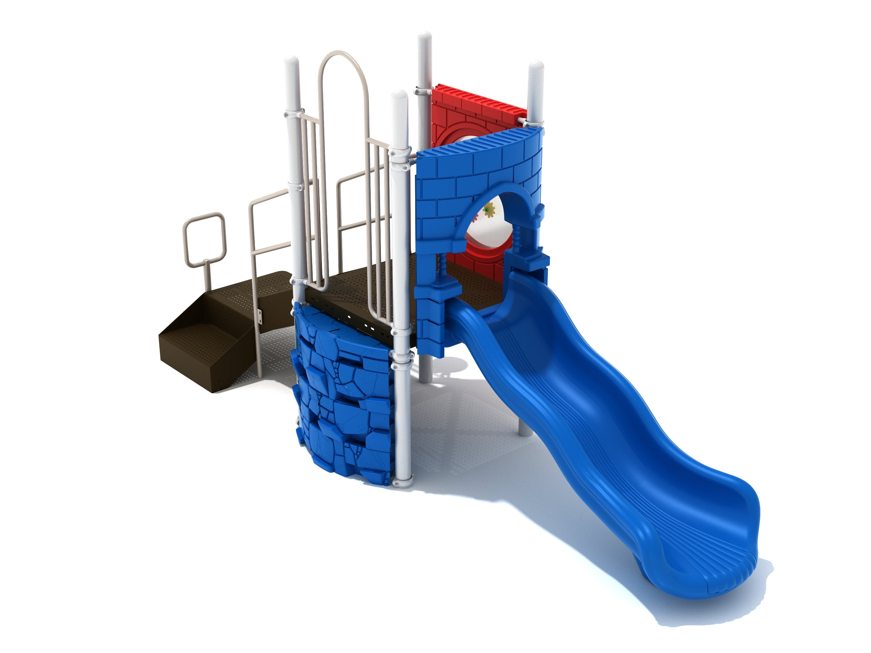 Compact playground with blue wave slide, red and blue castle panels, rock climbing wall, and brown stairs