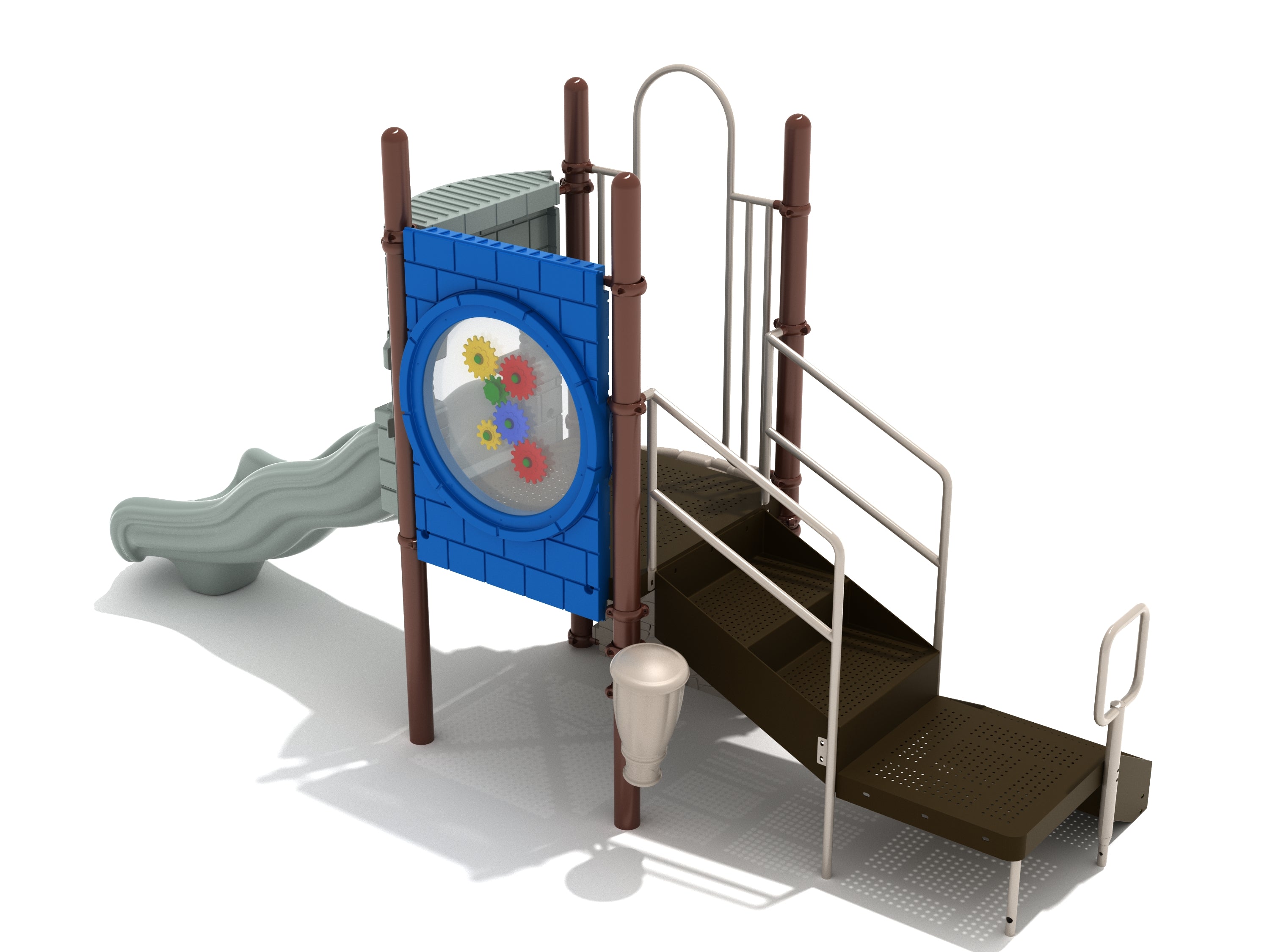 Compact playground structure with wave slide, gear panel, stairs with handrails, and interactive drum panel for kids' play