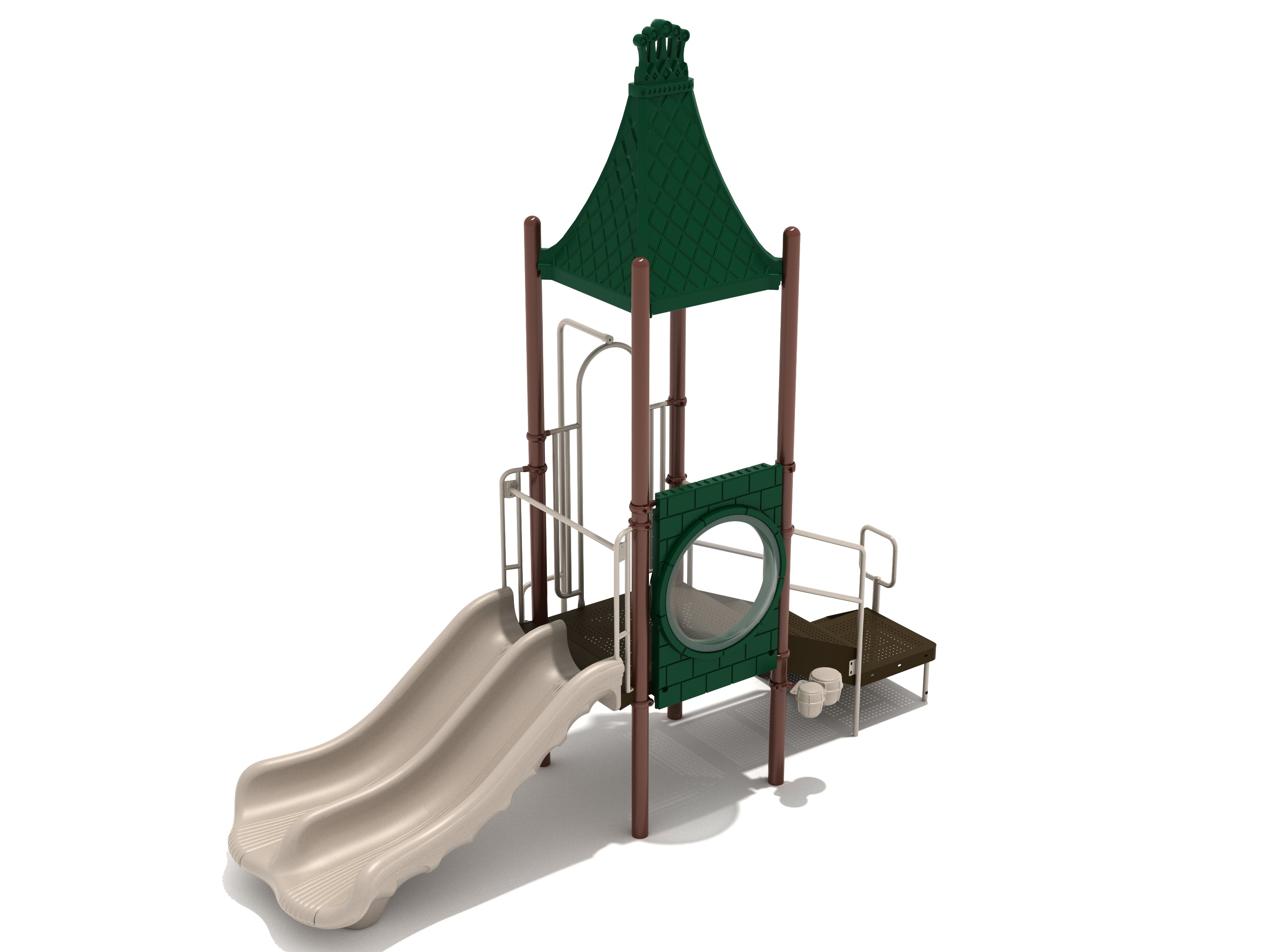 Fair Fables Playground with crowned roof, double slide, circular bubble panel, snake climber, and climbing structure