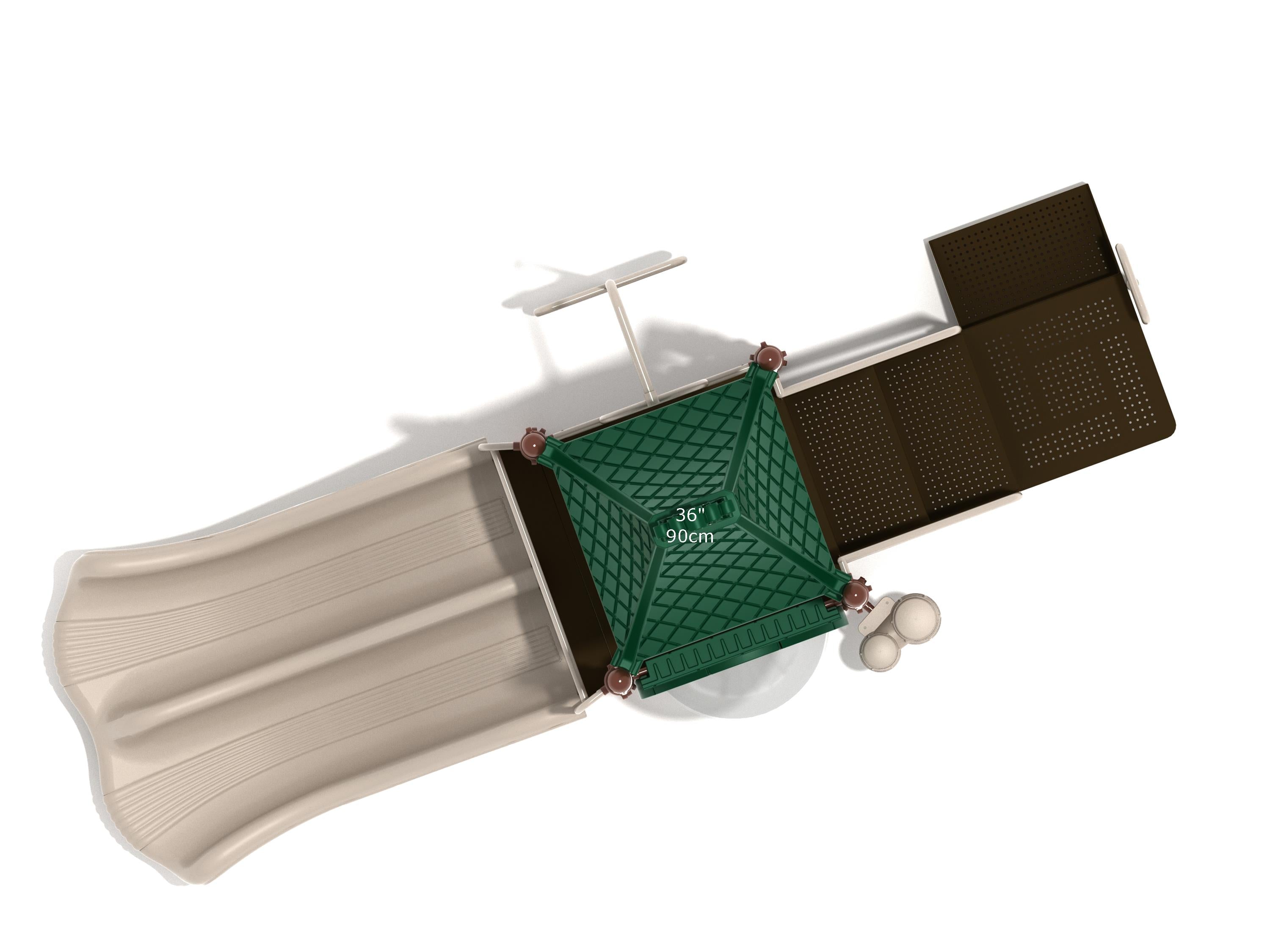 Overhead view of compact playground with green crowned roof, double beige slide, and brown perforated platforms
