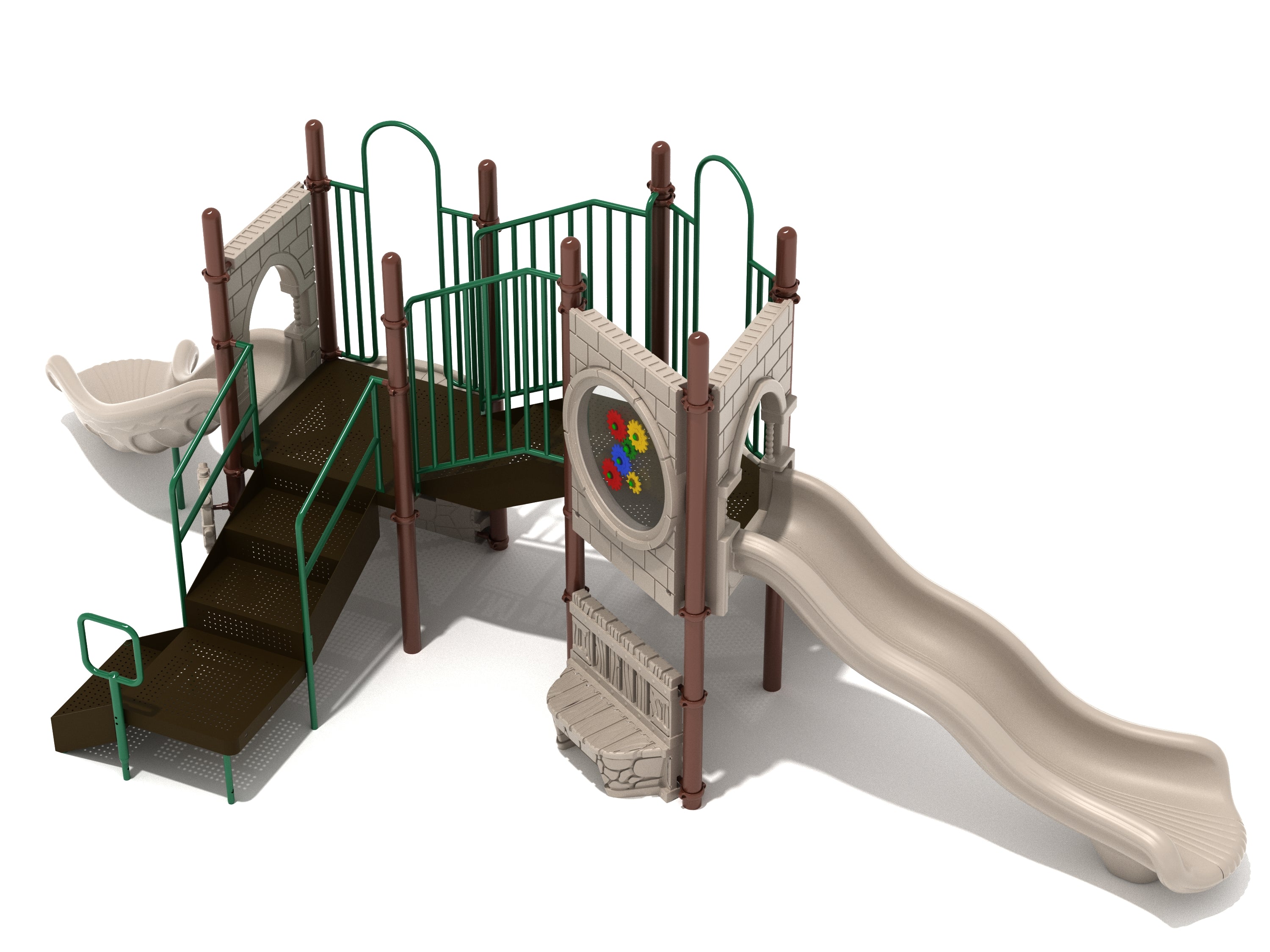 Catapult Cove Playground with beige wave slide, green railings, gear panel, and castle-themed play structure for active, imaginative play