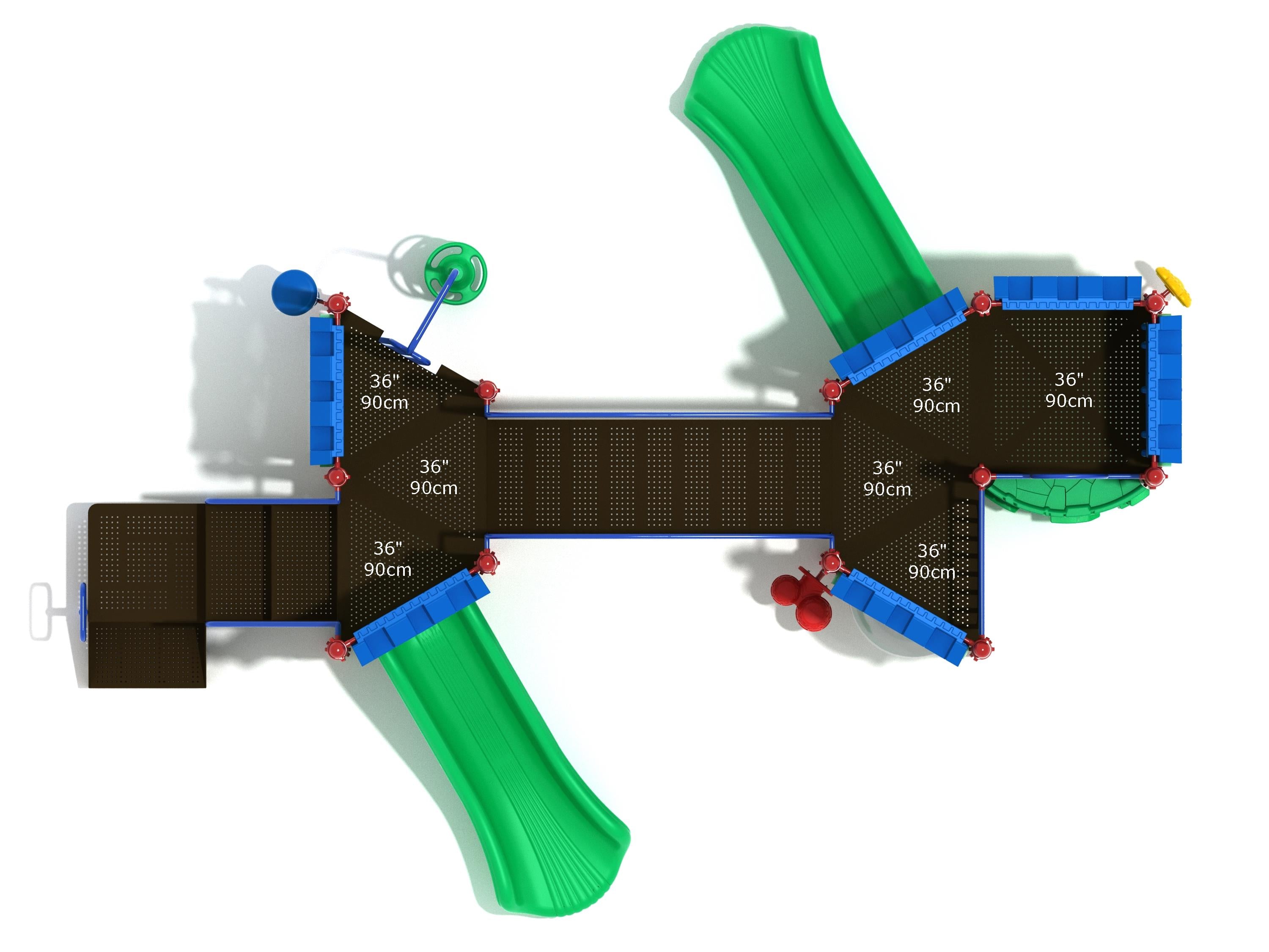 Overhead view of colorful castle-themed playground with green slides, blue railings, interactive panels, and sensory play features