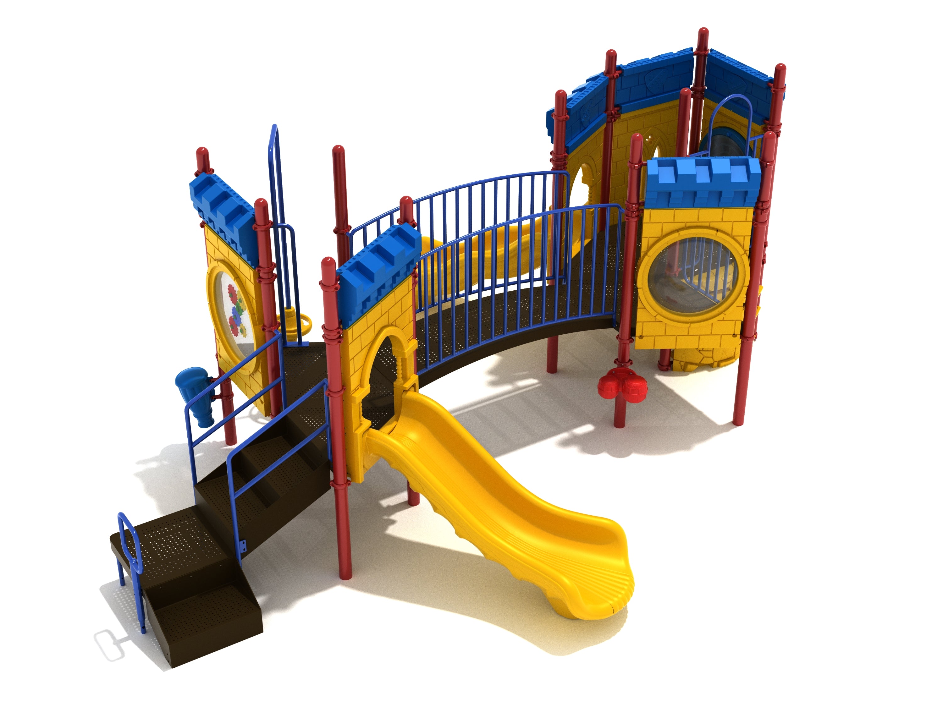 Castle-themed playground with yellow slide, blue railings, red posts, interactive panels, drum, bongos, and sensory play features.