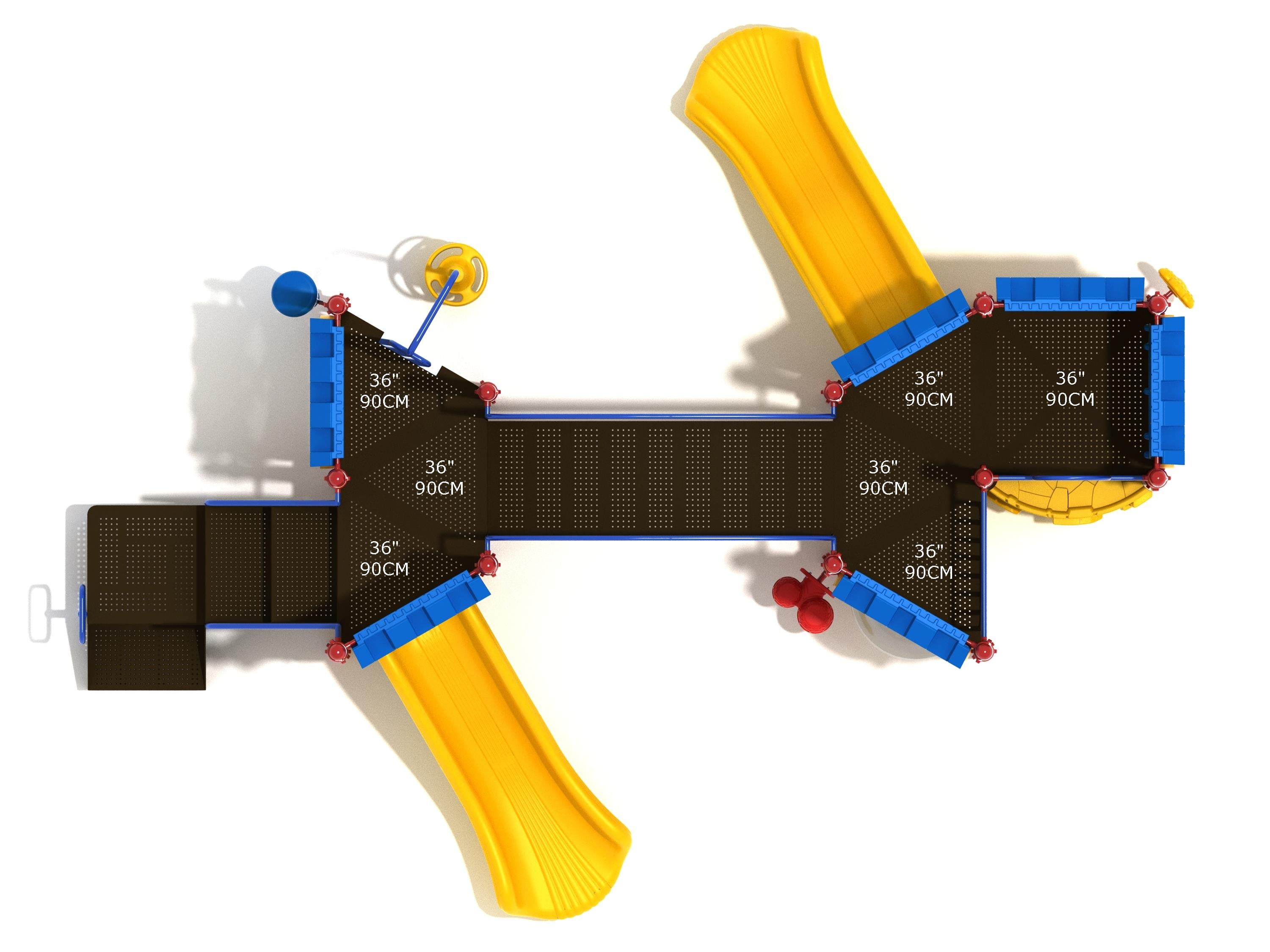 Overhead view of colorful playground with yellow slides, blue railings, interactive panels, and sensory play features