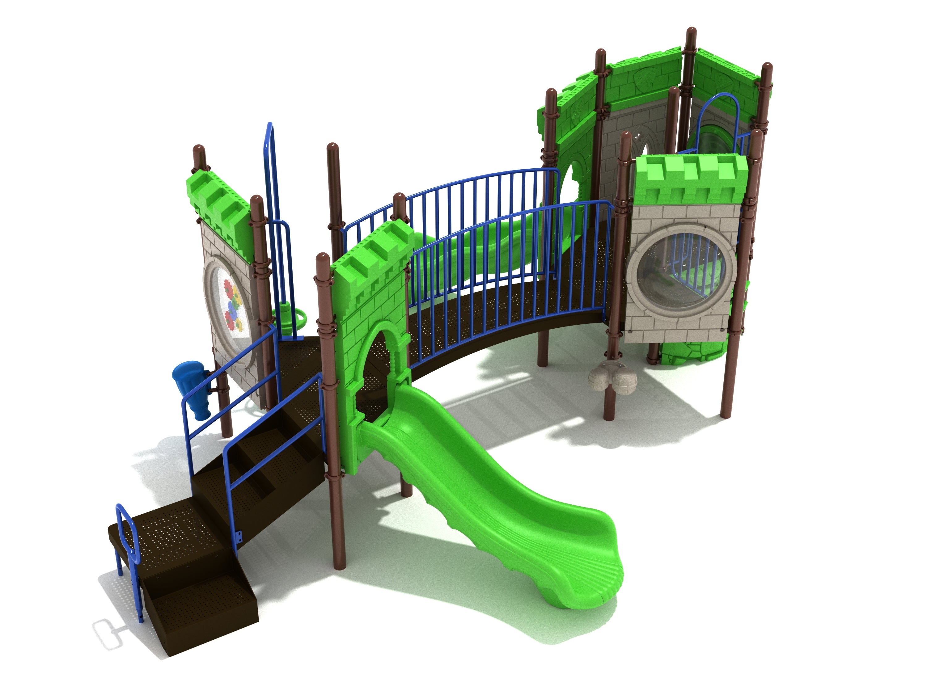 Castle-themed playground with green slides, blue railings, climbing stairs, interactive panels, and sensory play features.