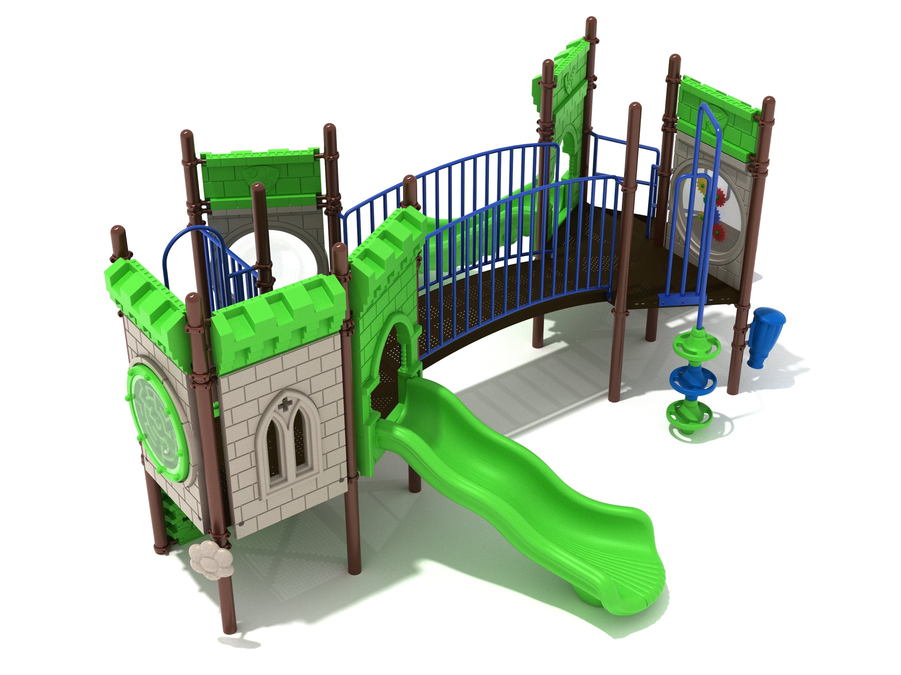 Castle-themed playground with green slide, blue rail bridge, interactive panels, climbing features, and sensory play elements