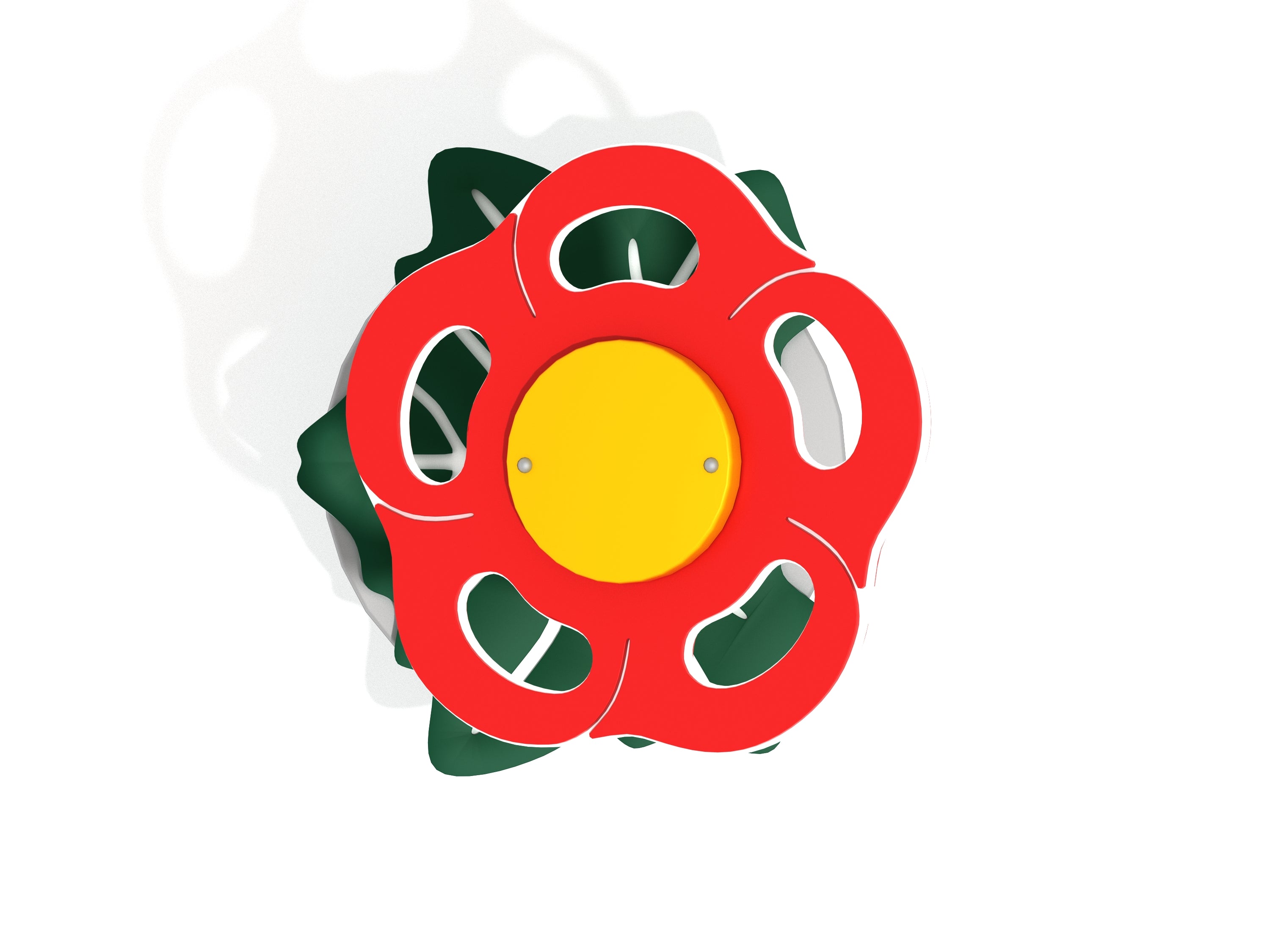 Overhead view of a colorful playground stepper shaped like a red flower with yellow center and green leaf base