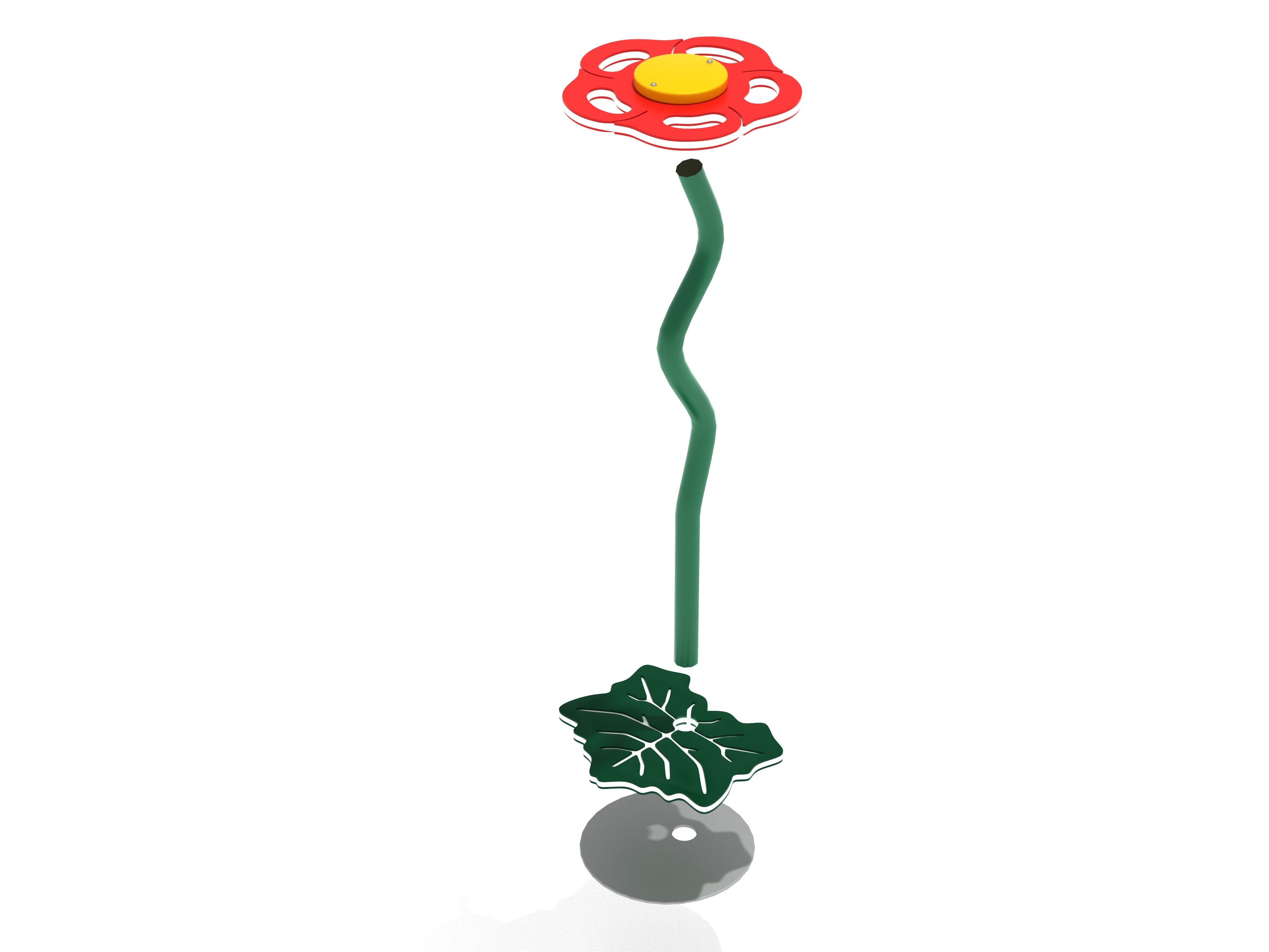 Colorful playground balance beam with red flower top, green wavy stem, and leaf-shaped base for outdoor play and coordination development