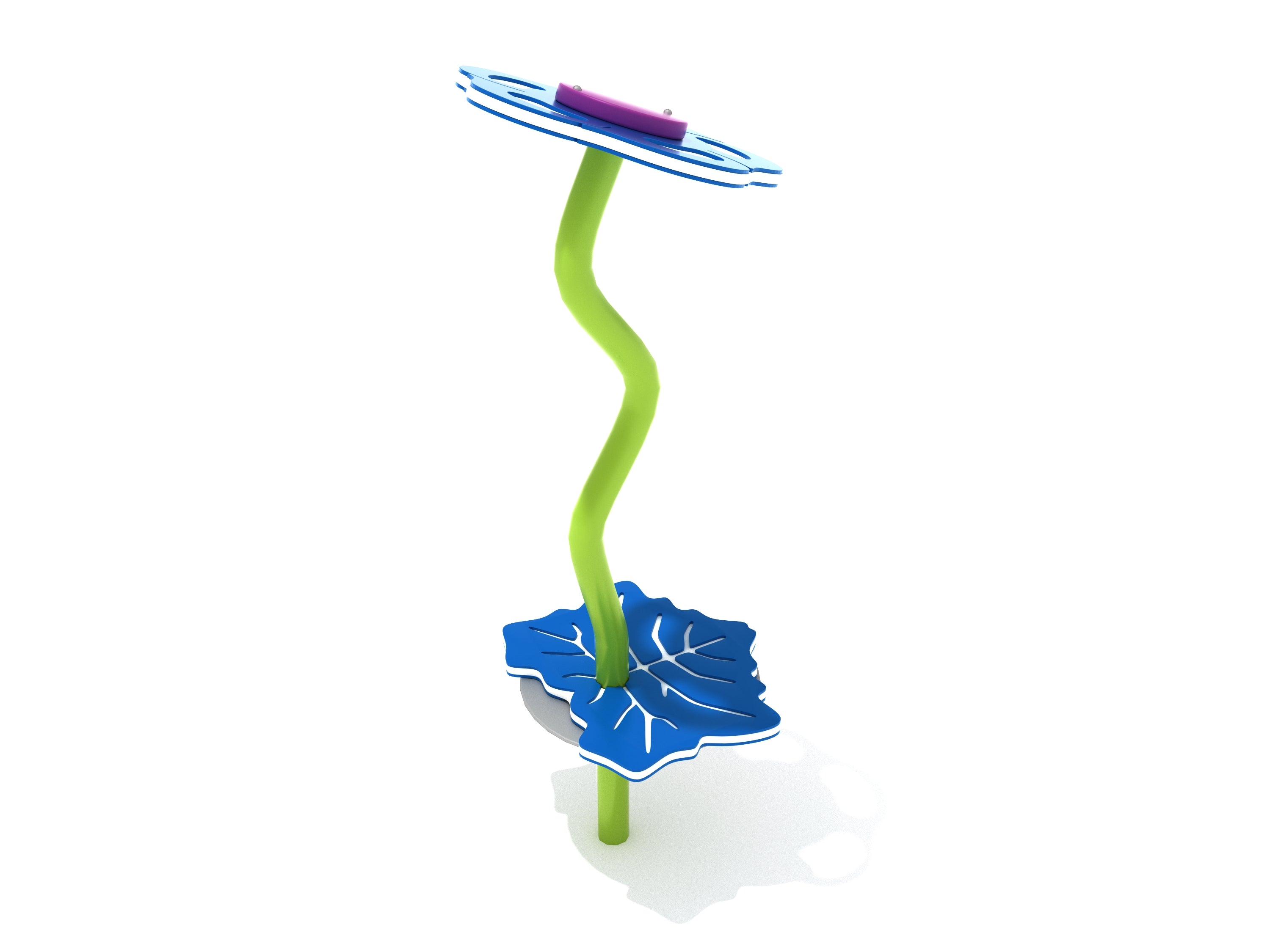 Vibrant blue flower-shaped playground stepper with green wavy stem and leaf base for balance and play