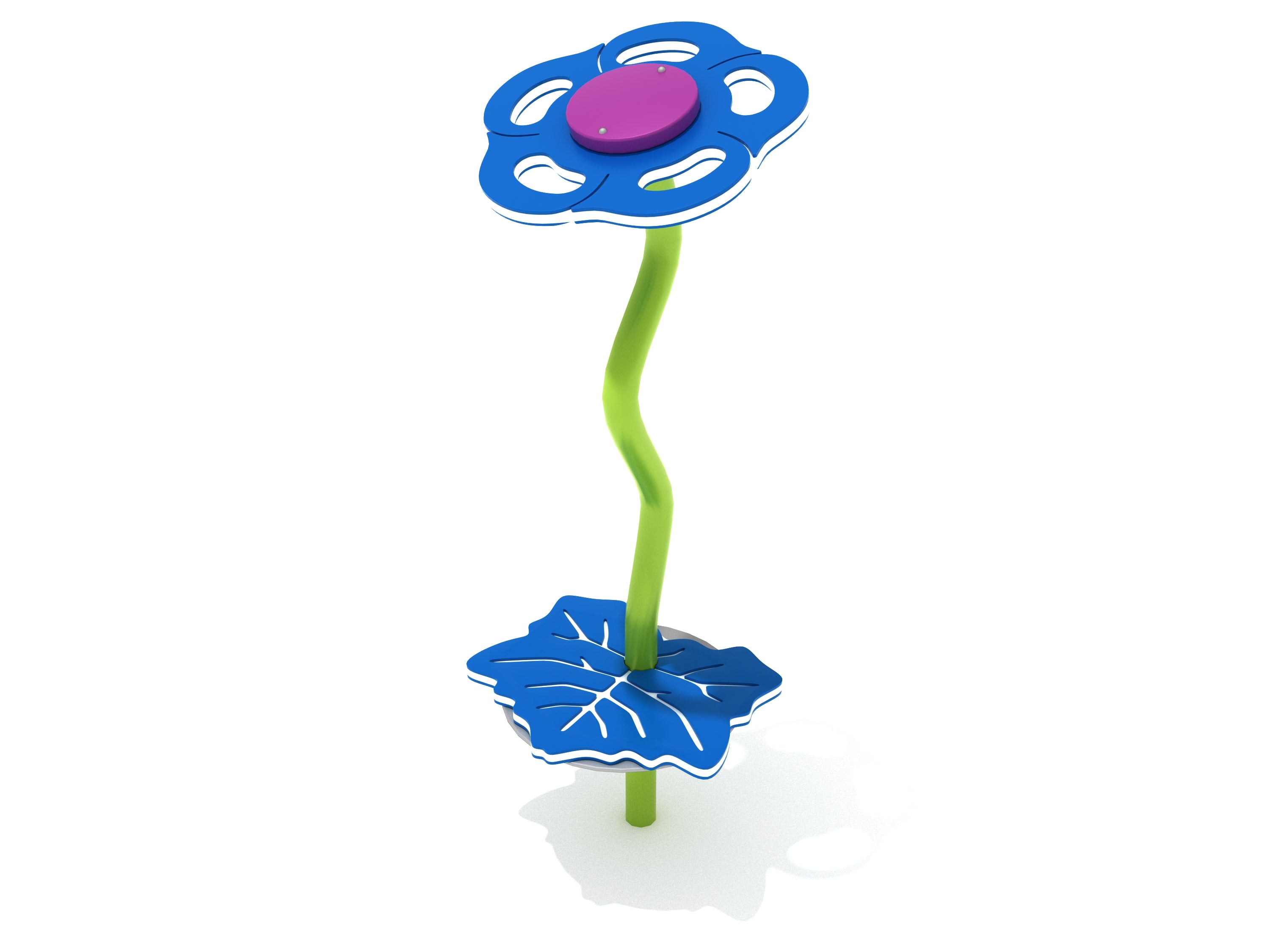 Vibrant blue flower-shaped playground stepper with purple center and green wavy stem on a blue leaf base