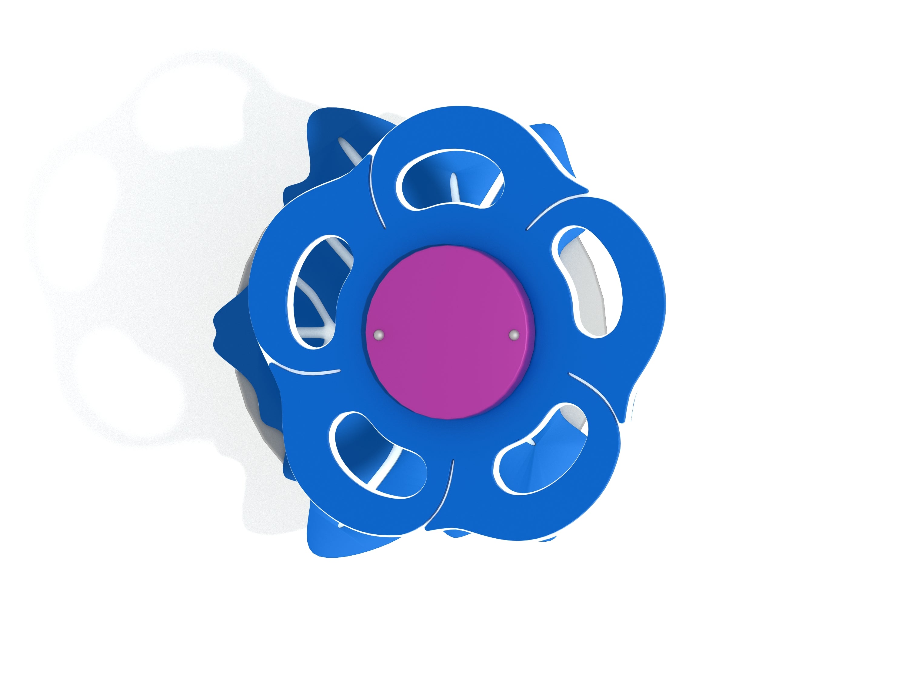 Overhead view of a blue flower-shaped playground stepper with purple center and white metal support bars
