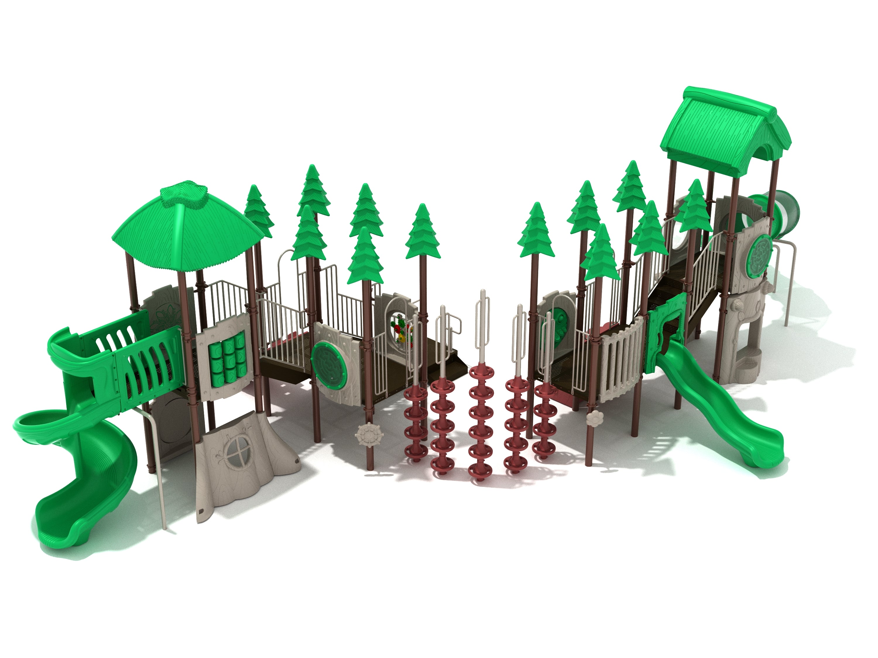 Outdoor playground with green slides, climbing structures, tree-shaped decorations, and interactive play panels
