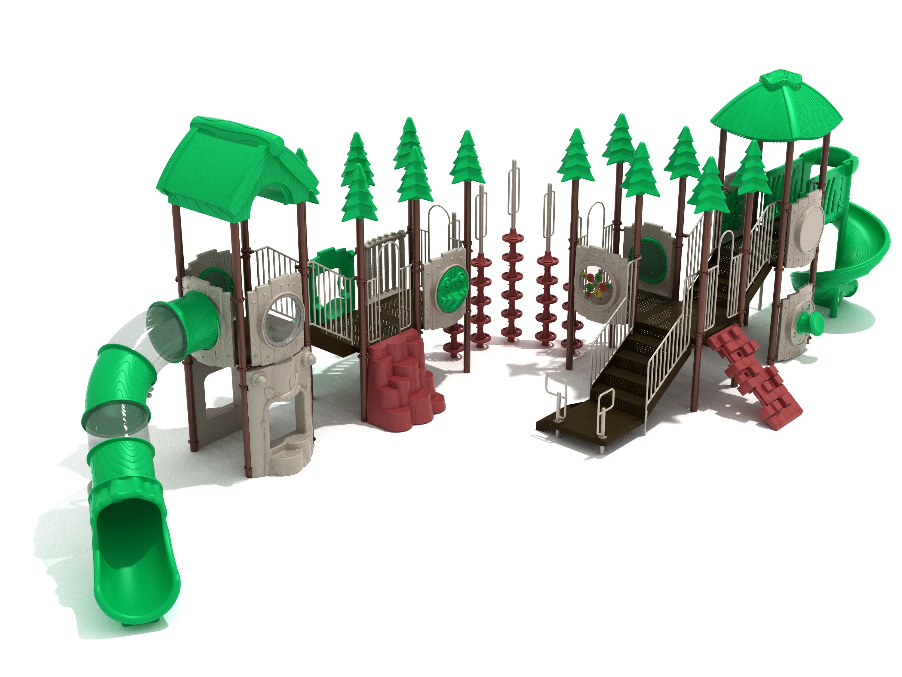 Platypus Plunge Playground with green tube and spiral slides, climbing rocks, tunnels, ramps, bridges, and tree-themed play panels