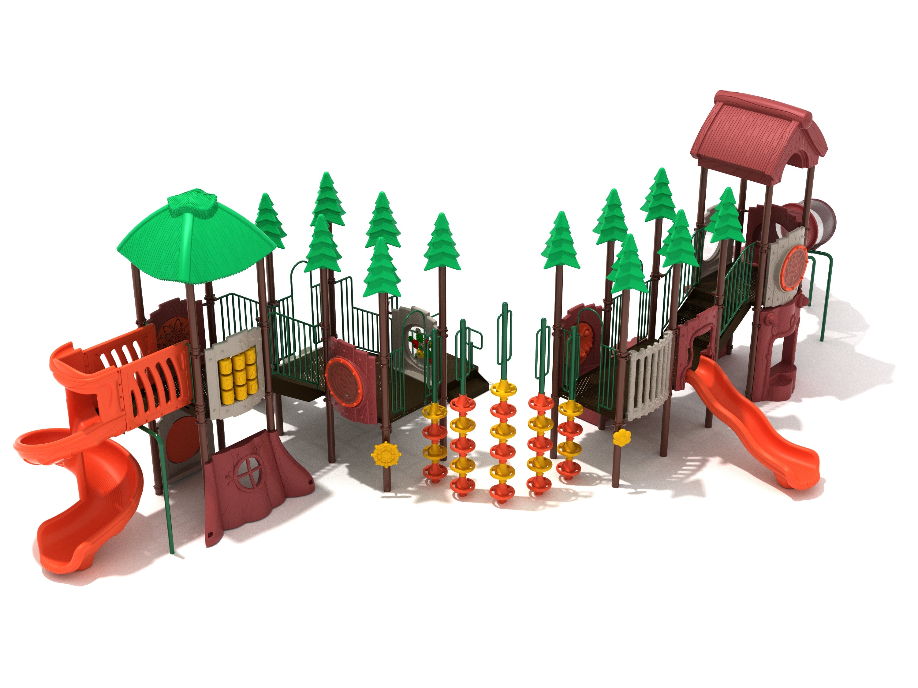 Colorful outdoor playground with slides, climbing structures, interactive panels, and tree-shaped decorations