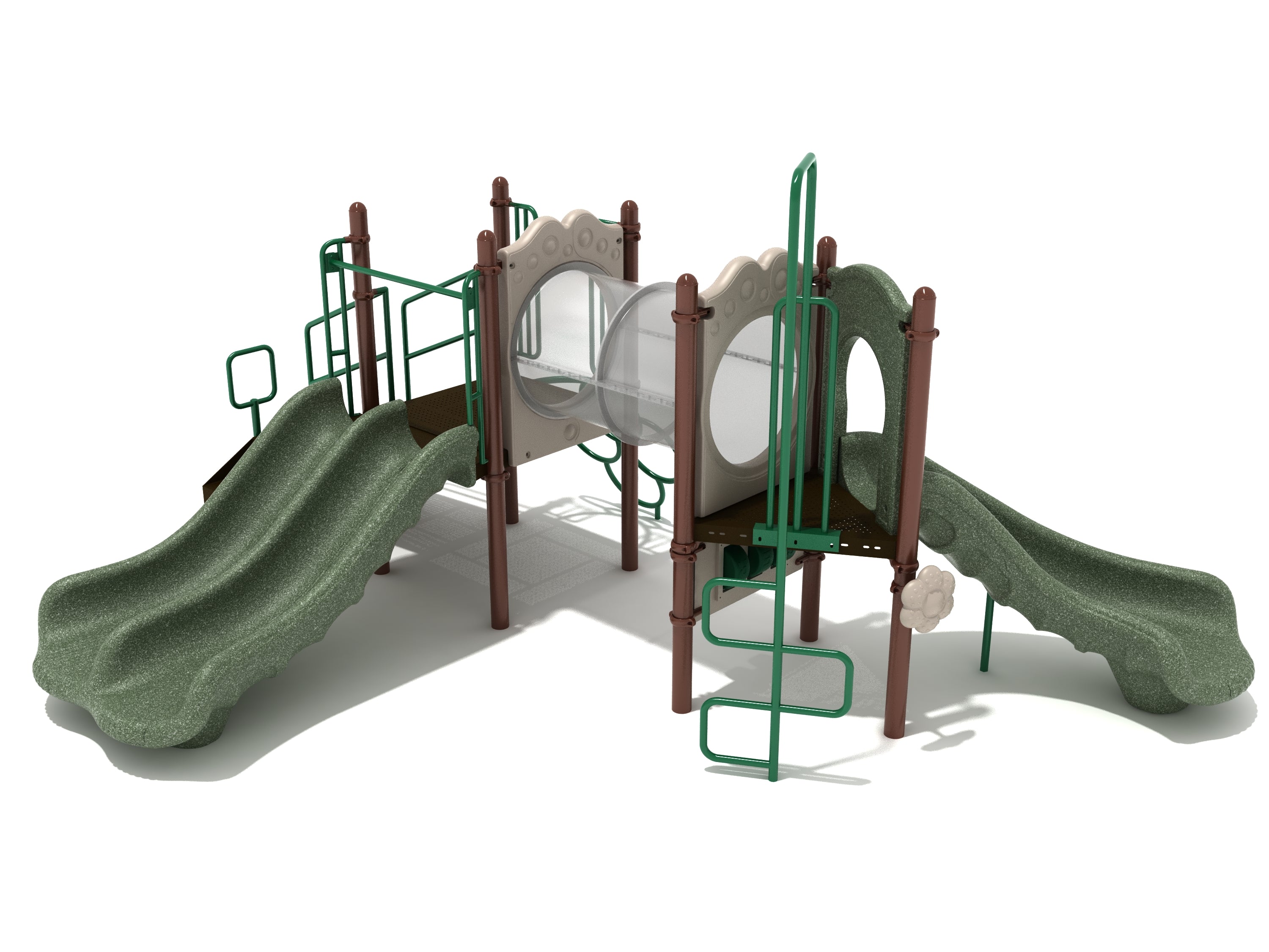 Outdoor playground with dual green slides, clear crawl tunnel, climbing ladder, and coral-inspired panels