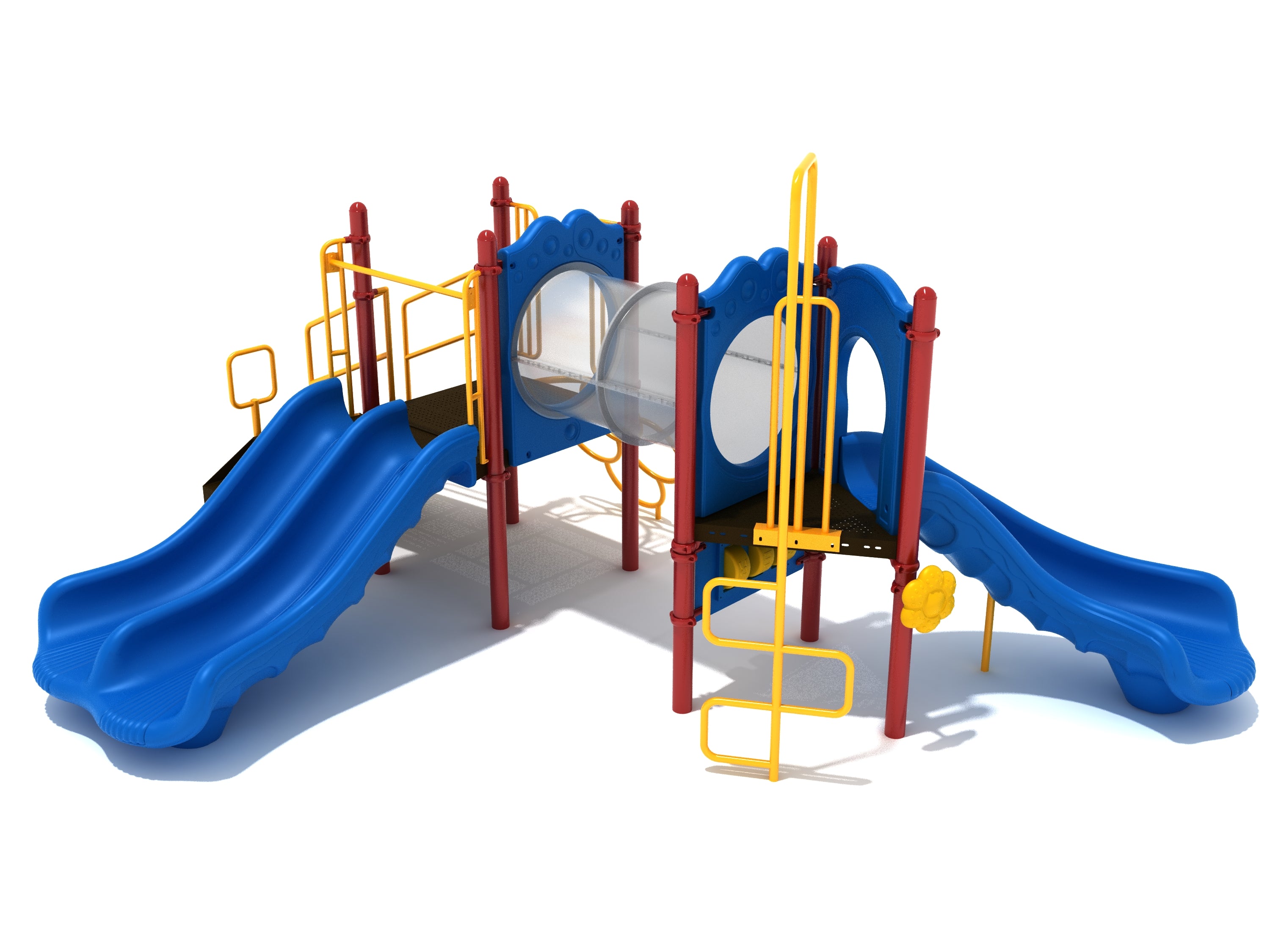 Crystal Reef Playground with blue slides, red posts, yellow climbing bars, and a clear crawl tunnel inspired by coral reefs