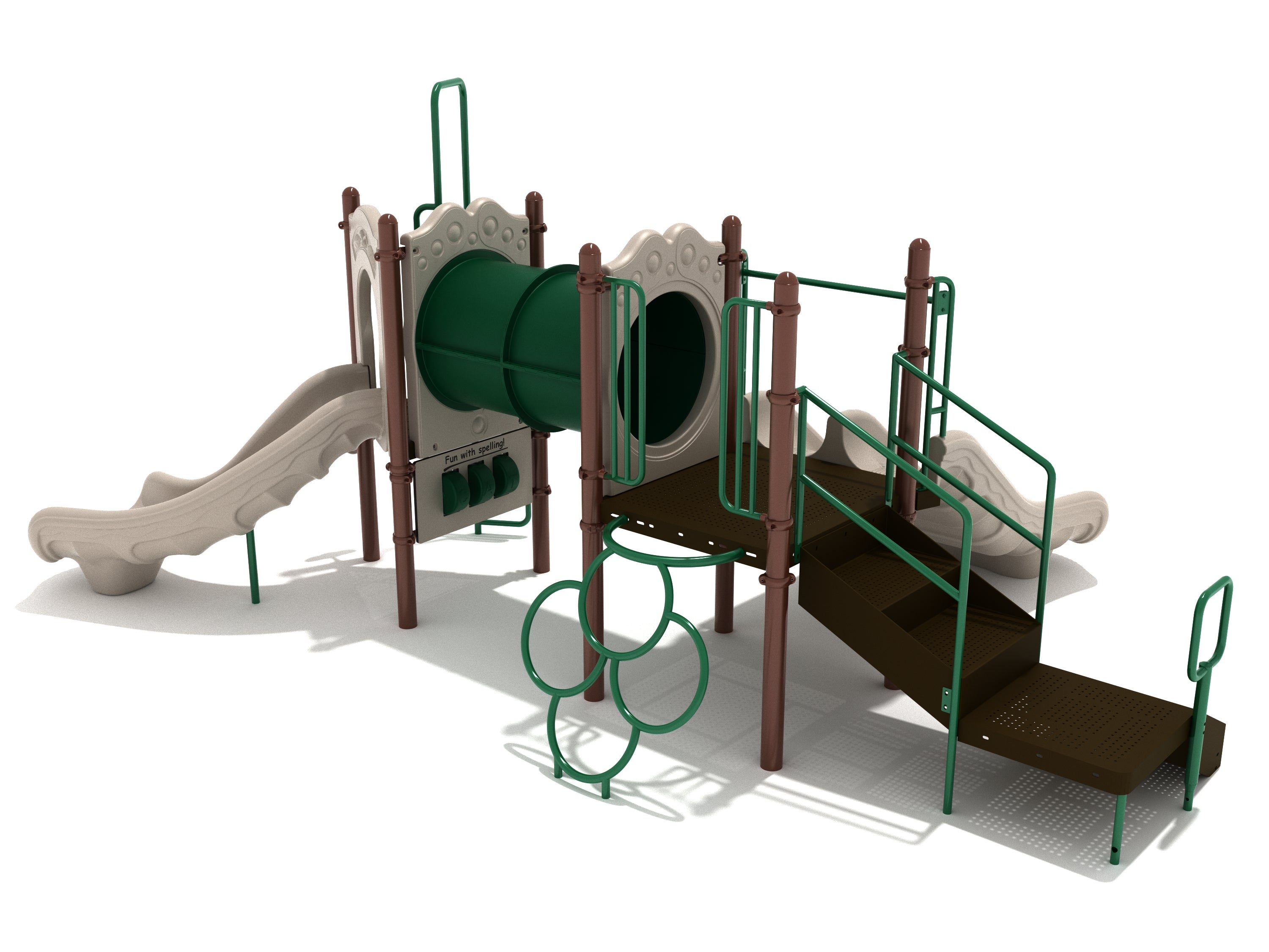 Outdoor playground structure with green and beige slides, crawl tunnel, climbing rings, and ramps inspired by coral reef design.