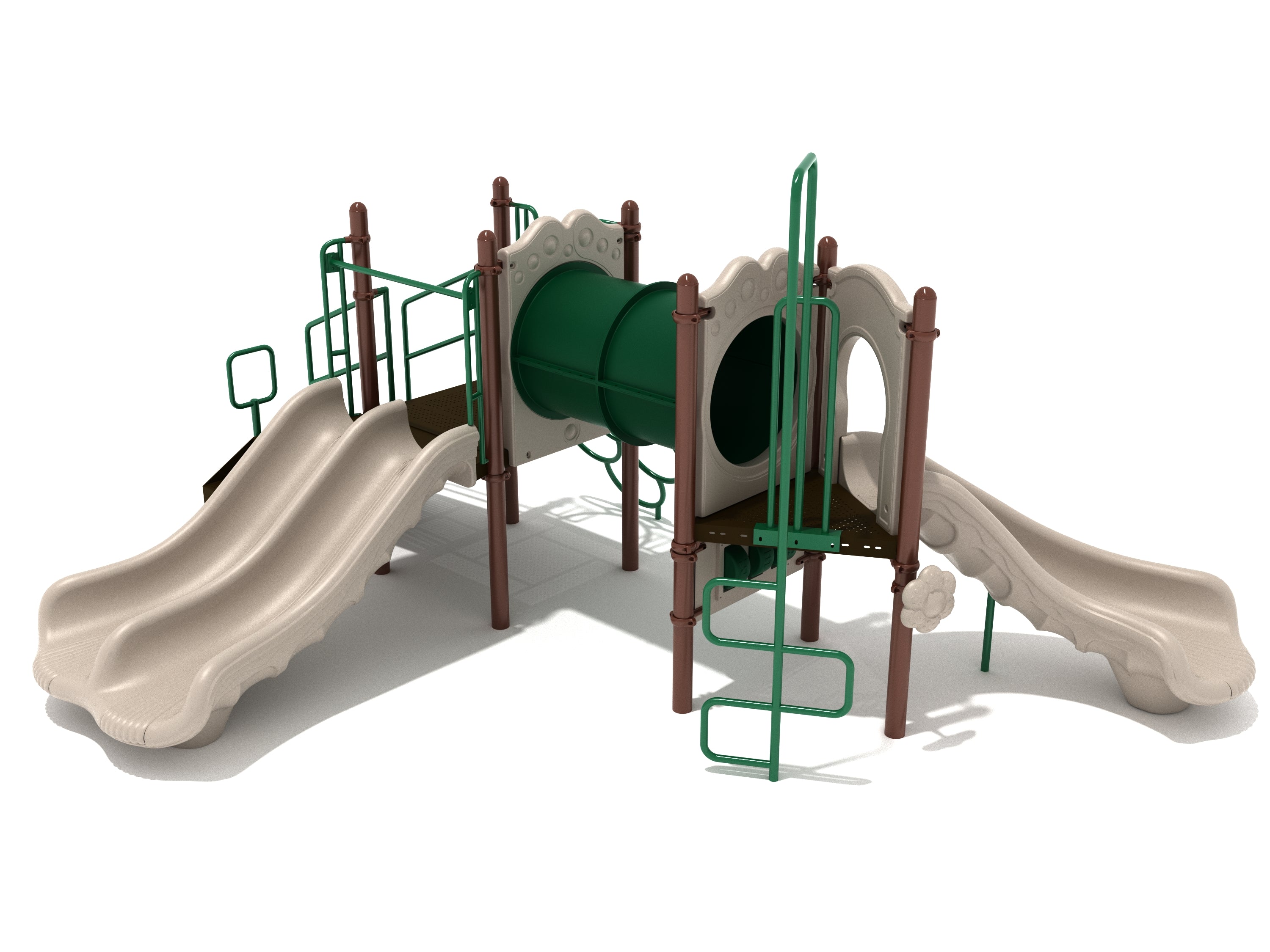 Neutral-toned playground with dual slides, clear crawl tunnel, climbing ladder, and coral-inspired panels for active play and exploration