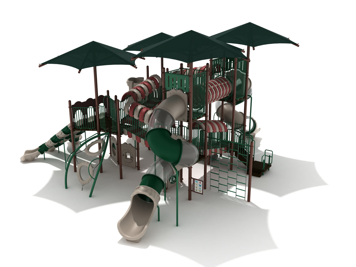 Commercial playground with curving slides, climbing structures, activity panels, and large green shade canopies