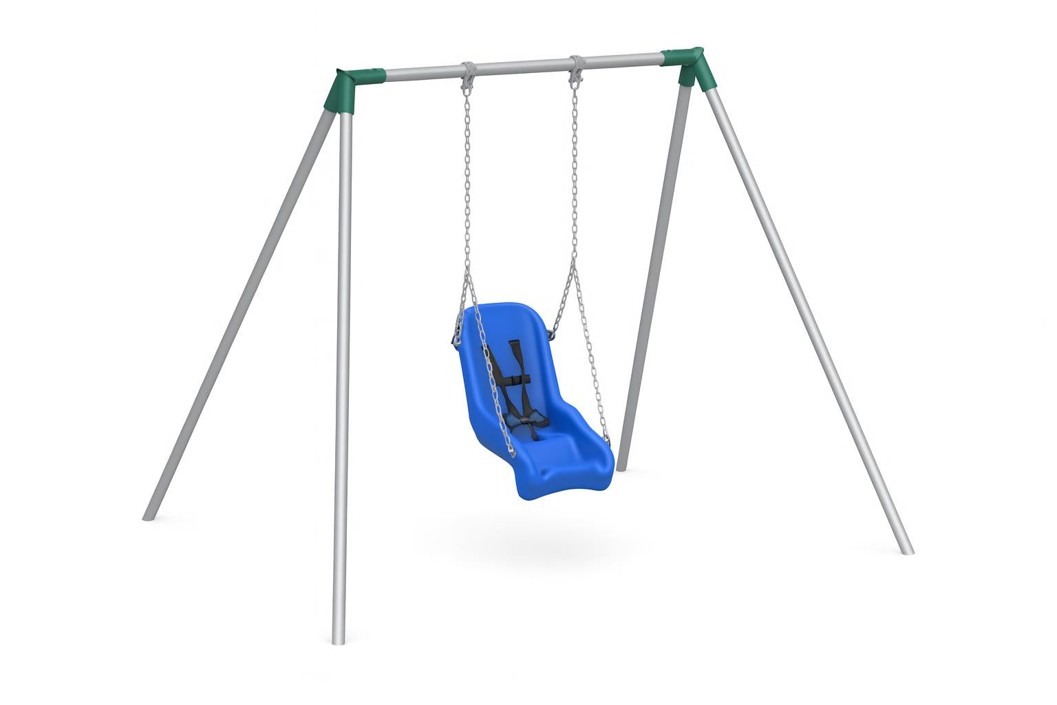 Standard 8 Foot High ADA Swing Set with blue inclusive seat and safety harness on metal frame in outdoor park setting