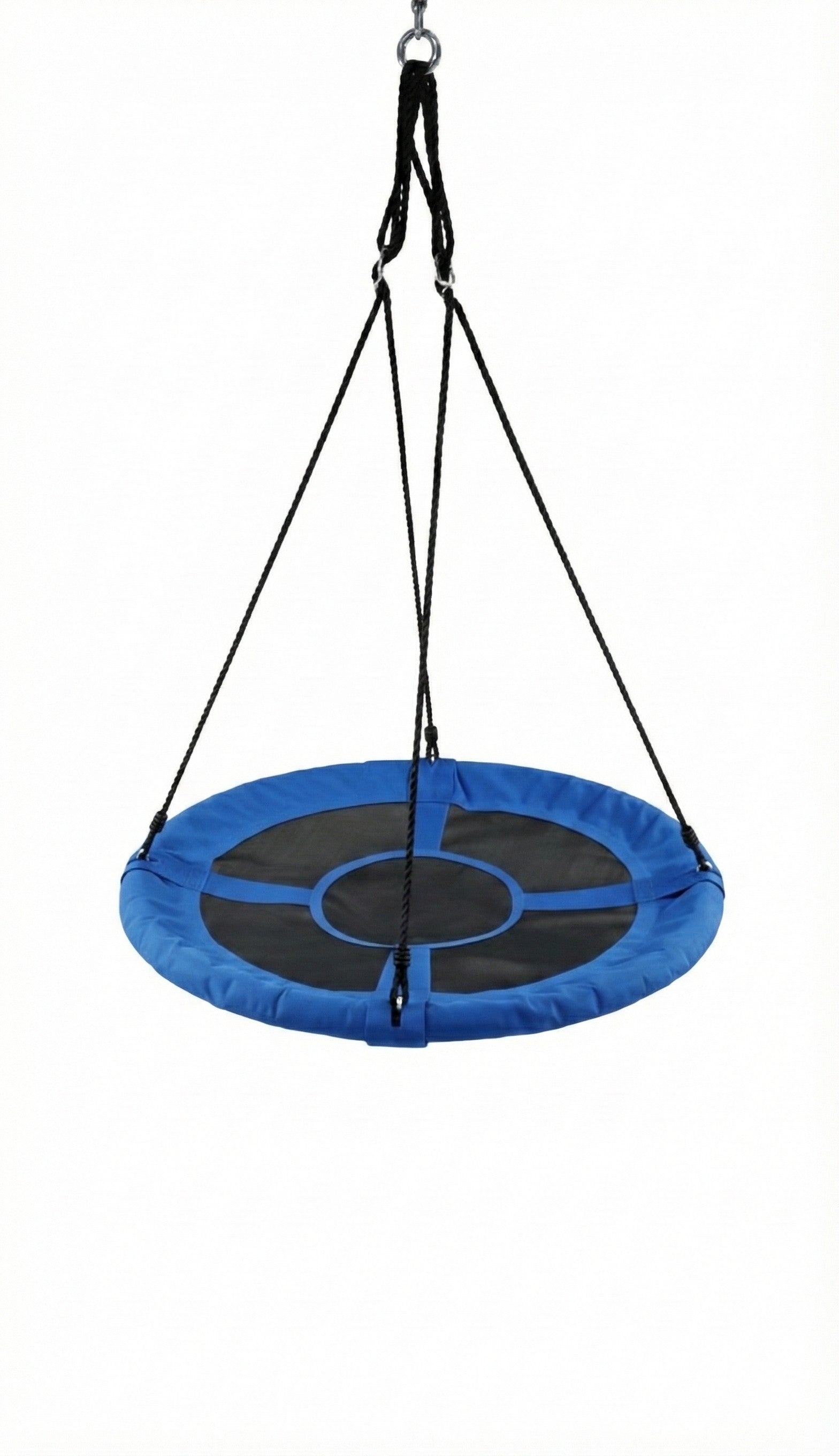 Swing Saucer 40" with blue round seat, black mesh center, and adjustable black hanging ropes, viewed from a slightly elevated angle