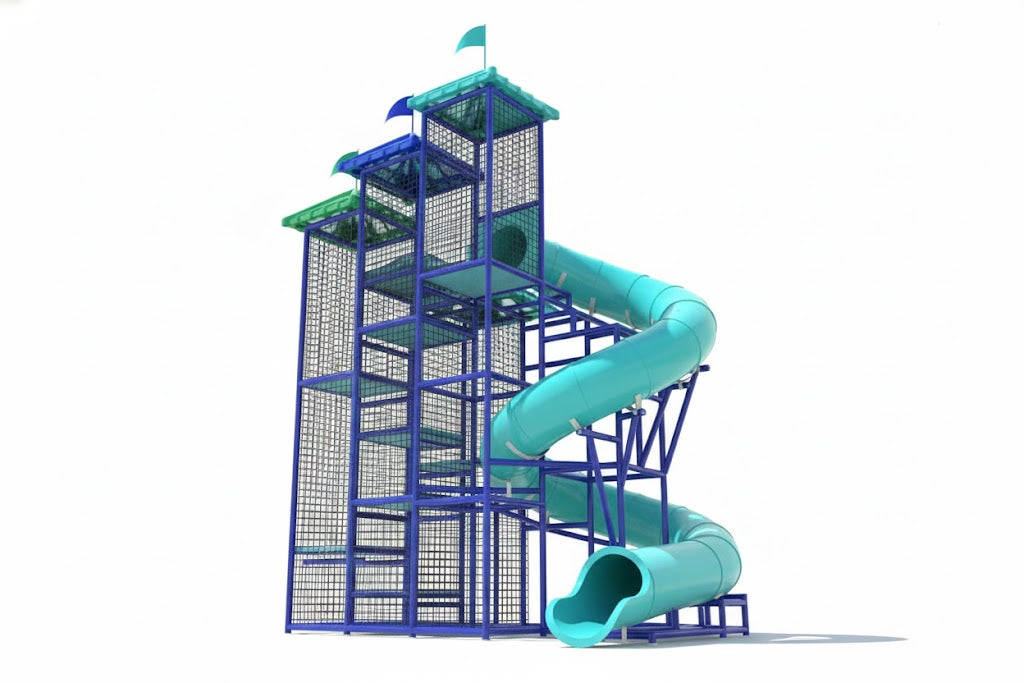 Custom Commercial Water Slide with blue tubular flume, multi-level climbing structure, safety netting, and flag-topped roofs by pool