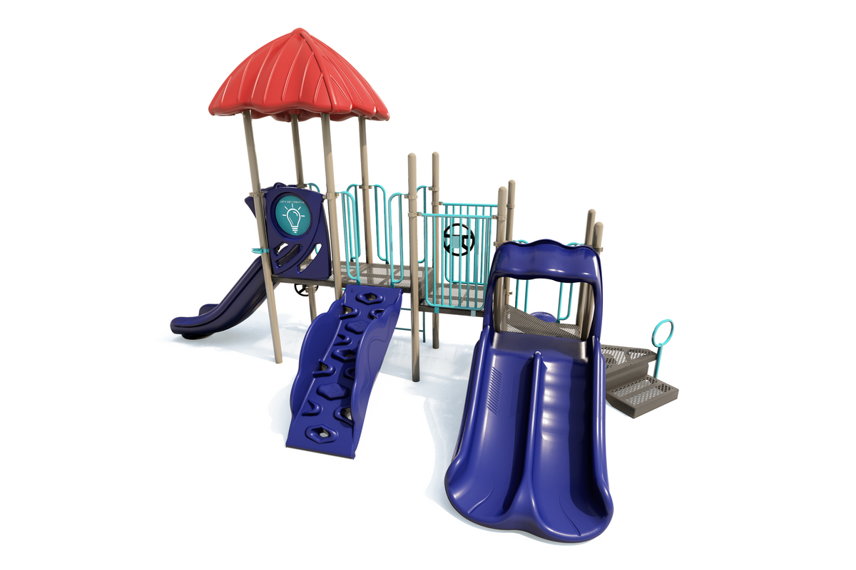 Colorful playground structure with dual blue slides, climbing wall, red canopy roof, and turquoise railings