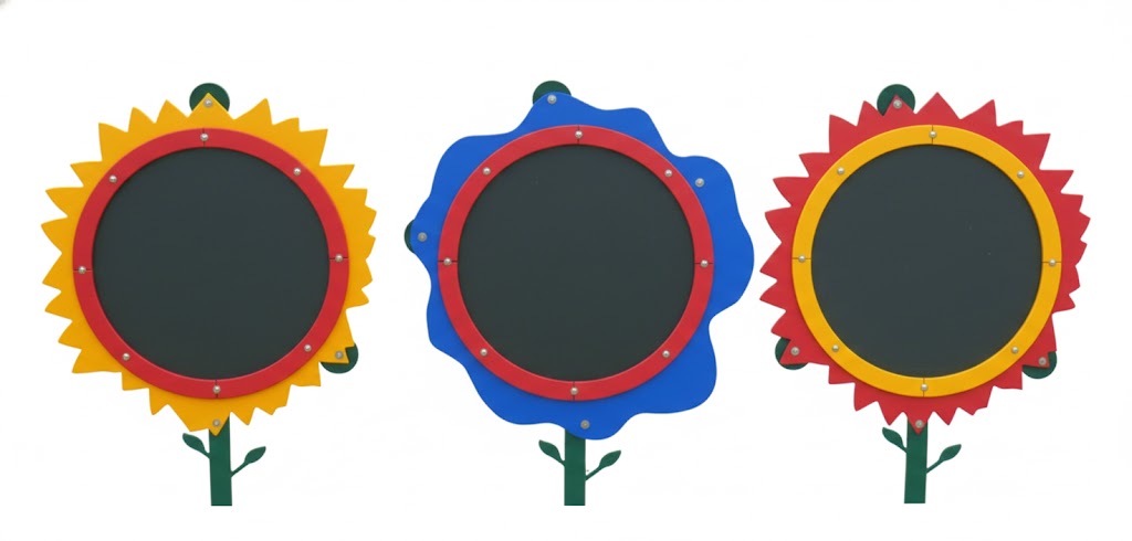 Chalk Board Flowers - One Flower outdoor chalkboard shaped like a sunflower with yellow petals, red border, and green stem